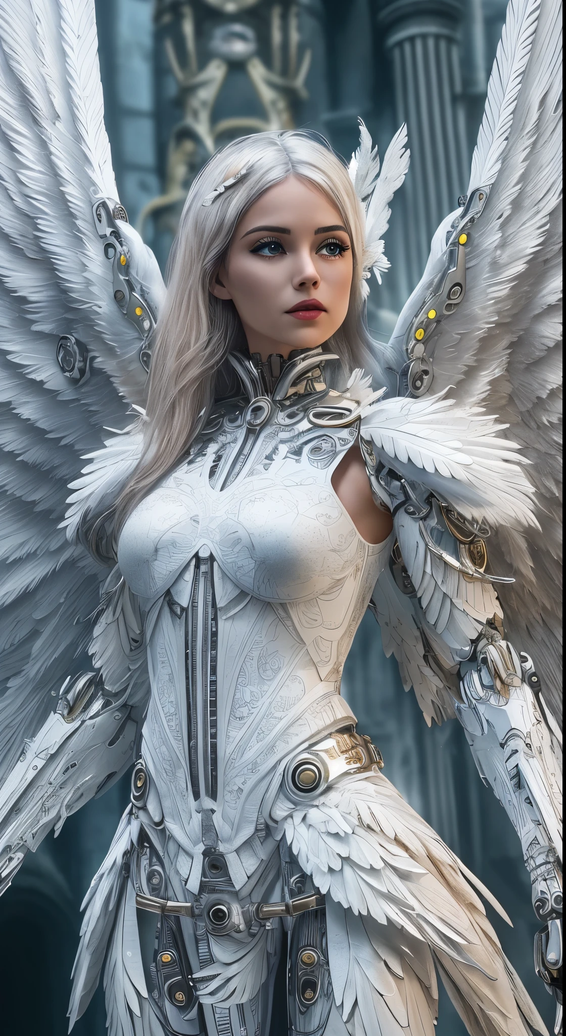 Close-up of a woman in a white dress with wings, full body angel, futuristic robot angel, amazing angel wings, angel knight gothic girl, angel in plastic armor, intricate costume designs, As a mysterious Valkyrie, The whole body is made of white feathers,, futuristic and fantastic, white wings, beautiful angel wings, steampunk angel, beautiful cyborg angel girl, graceful wings