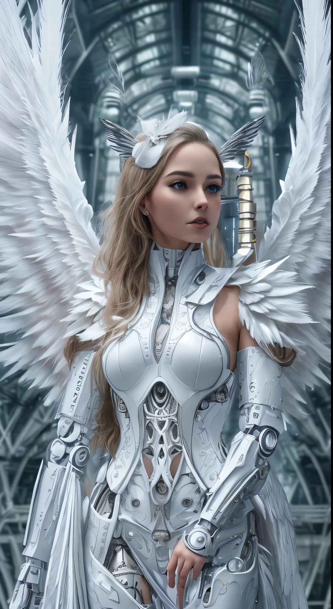 Close-up of a woman in a white dress with wings, full body angel, futuristic robot angel, amazing angel wings, angel knight gothic girl, angel in plastic armor, intricate costume designs, As a mysterious Valkyrie, The whole body is made of white feathers,, futuristic and fantastic, white wings, beautiful angel wings, steampunk angel, beautiful cyborg angel girl, graceful wings