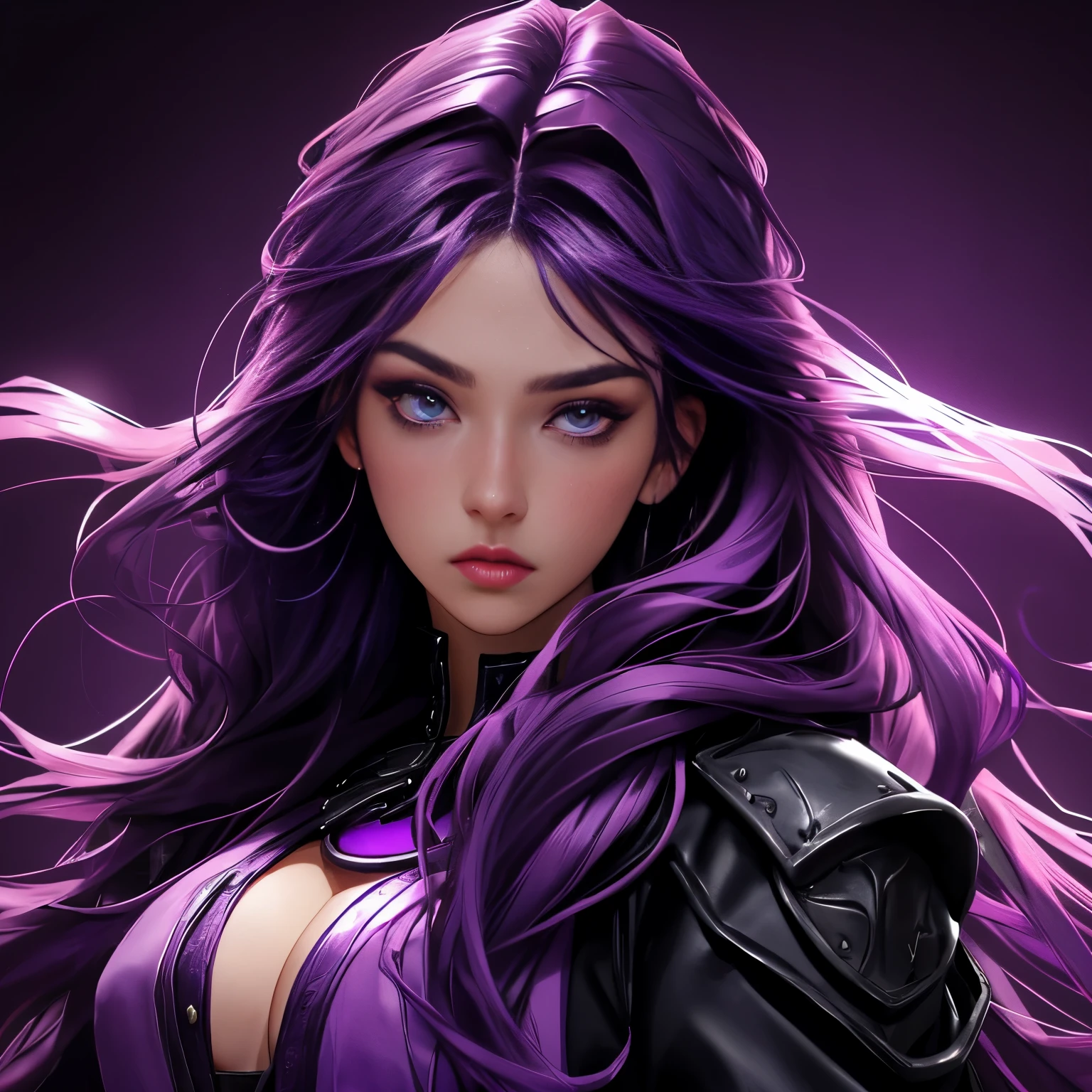 close up portrait of a beautiful young teenage female character with long purple hair, some strands on her face, above shoulders, glowing purple eyes, wearing a purple, white and black medieval jacket gear with a chest window, she's extremely beautiful and seductive, she's very flirtatious, pretty beautiful girl, dark theme, dark and dark purple background very close up picture with face, detailed, 4k, masterpiece