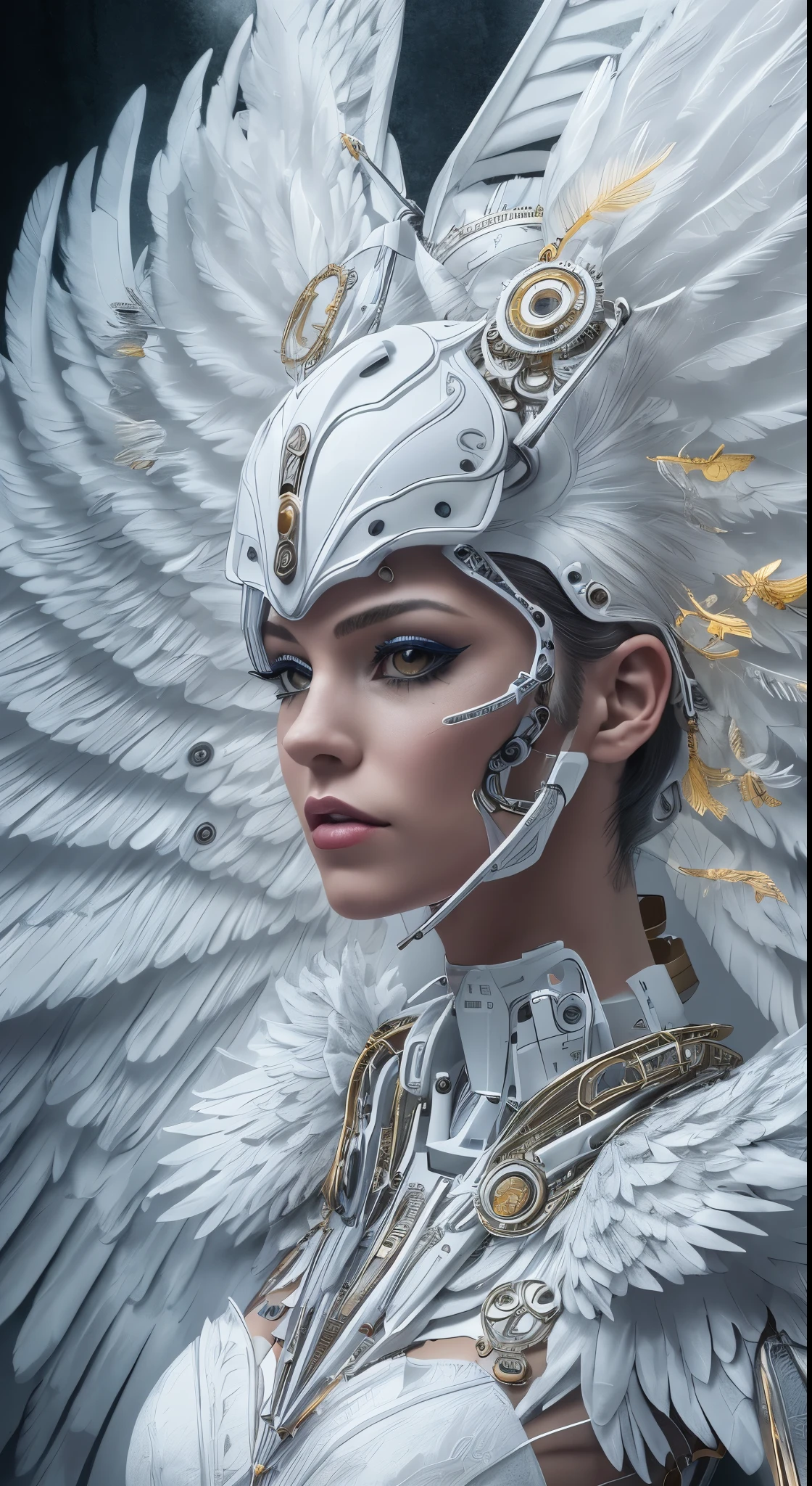 Close-up of a woman in a white dress with wings, full body angel, futuristic robot angel, amazing angel wings, angel knight gothic girl, angel in plastic armor, intricate costume designs, As a mysterious Valkyrie, The whole body is made of white feathers,, futuristic and fantastic, white wings, beautiful angel wings, steampunk angel, beautiful cyborg angel girl, graceful wings