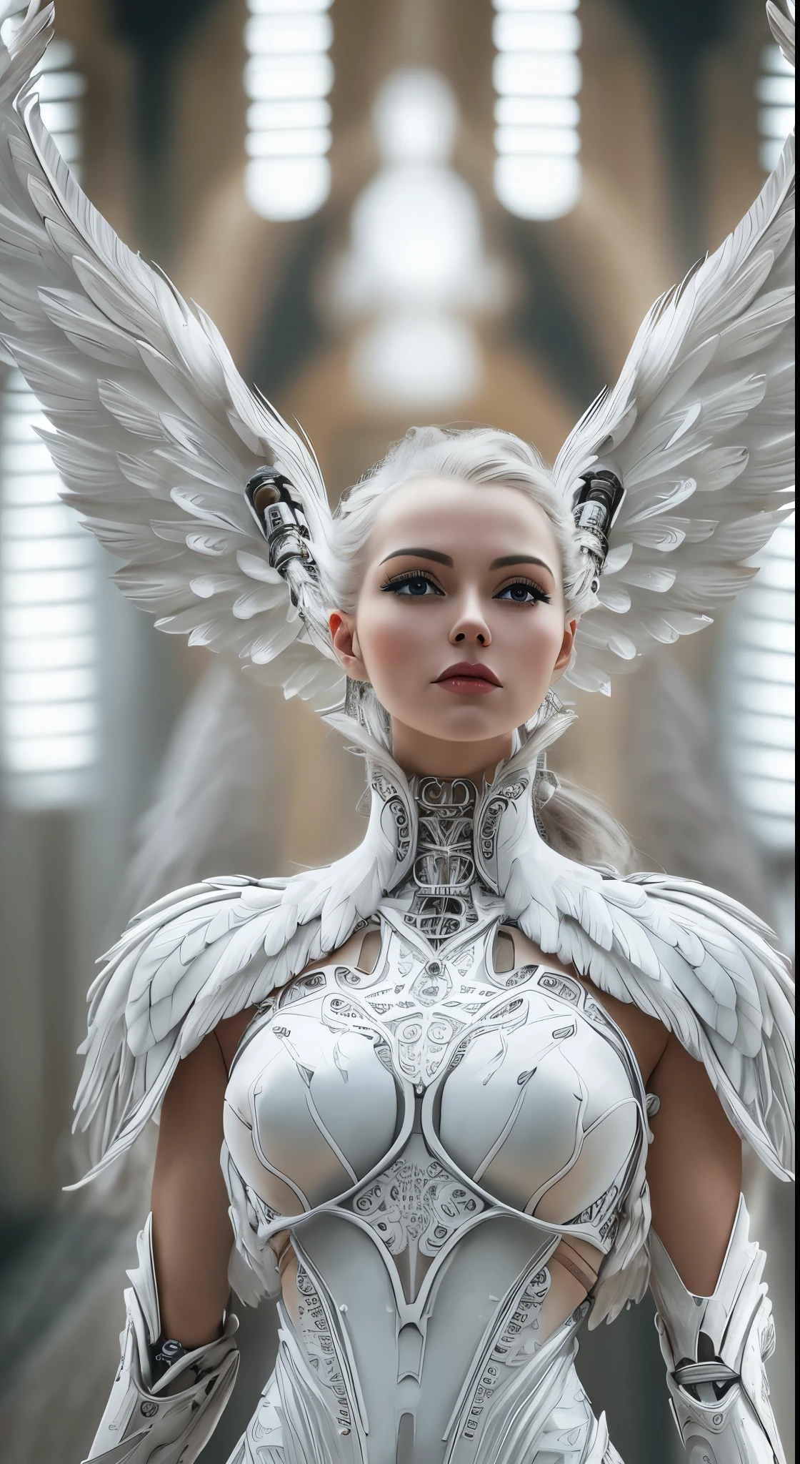 Close-up of a woman in a white dress with wings, full body angel, futuristic robot angel, amazing angel wings, angel knight gothic girl, angel in plastic armor, intricate costume designs, As a mysterious Valkyrie, The whole body is made of white feathers,, futuristic and fantastic, white wings, beautiful angel wings, steampunk angel, beautiful cyborg angel girl, graceful wings