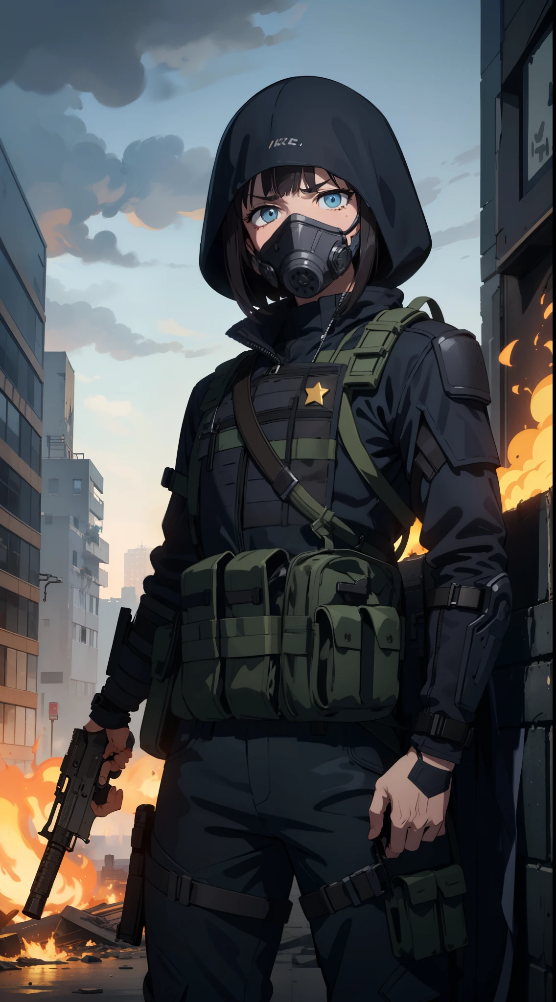 STAR15Mod, (masterpiece), (best quality), (ultra-detailed), (best illustration),(best shadow), looking at viewer, cowboy shot, fiery destroyed city background, tactical gear, tactical pouches, (gas mask:0.8), (sad expression :1.25),tactical armor, assault rifle, holstered handgun