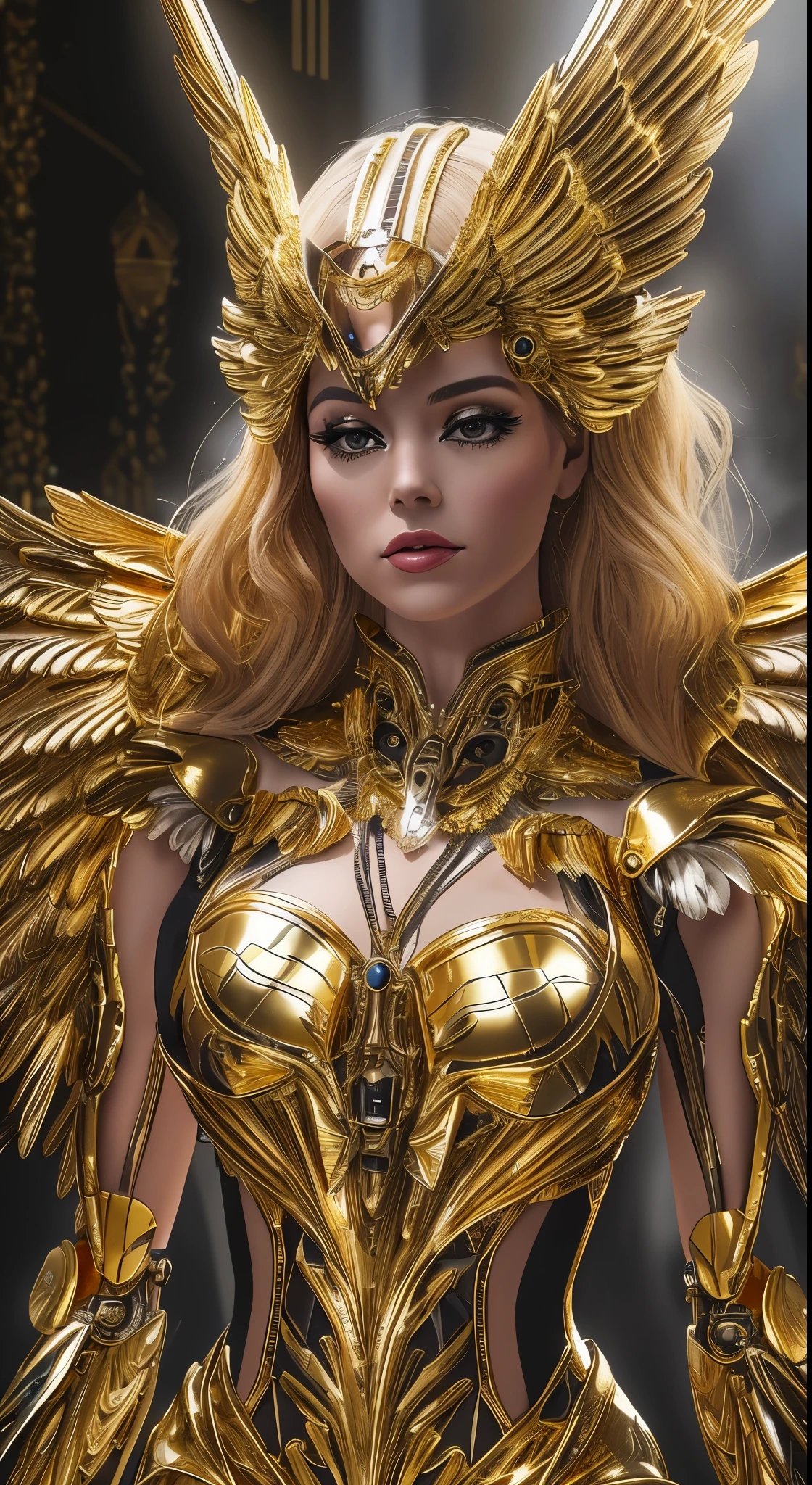 A woman in a gold costume with wings and a sword - SeaArt AI