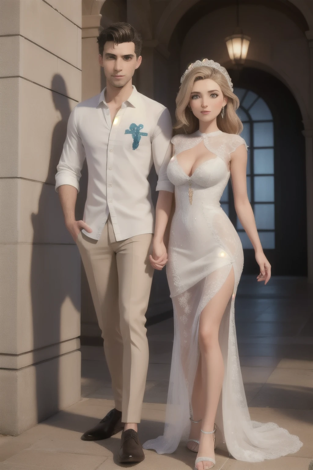 casal de noivos, uma linda noiva com seios grandes vestido branco e transparente.