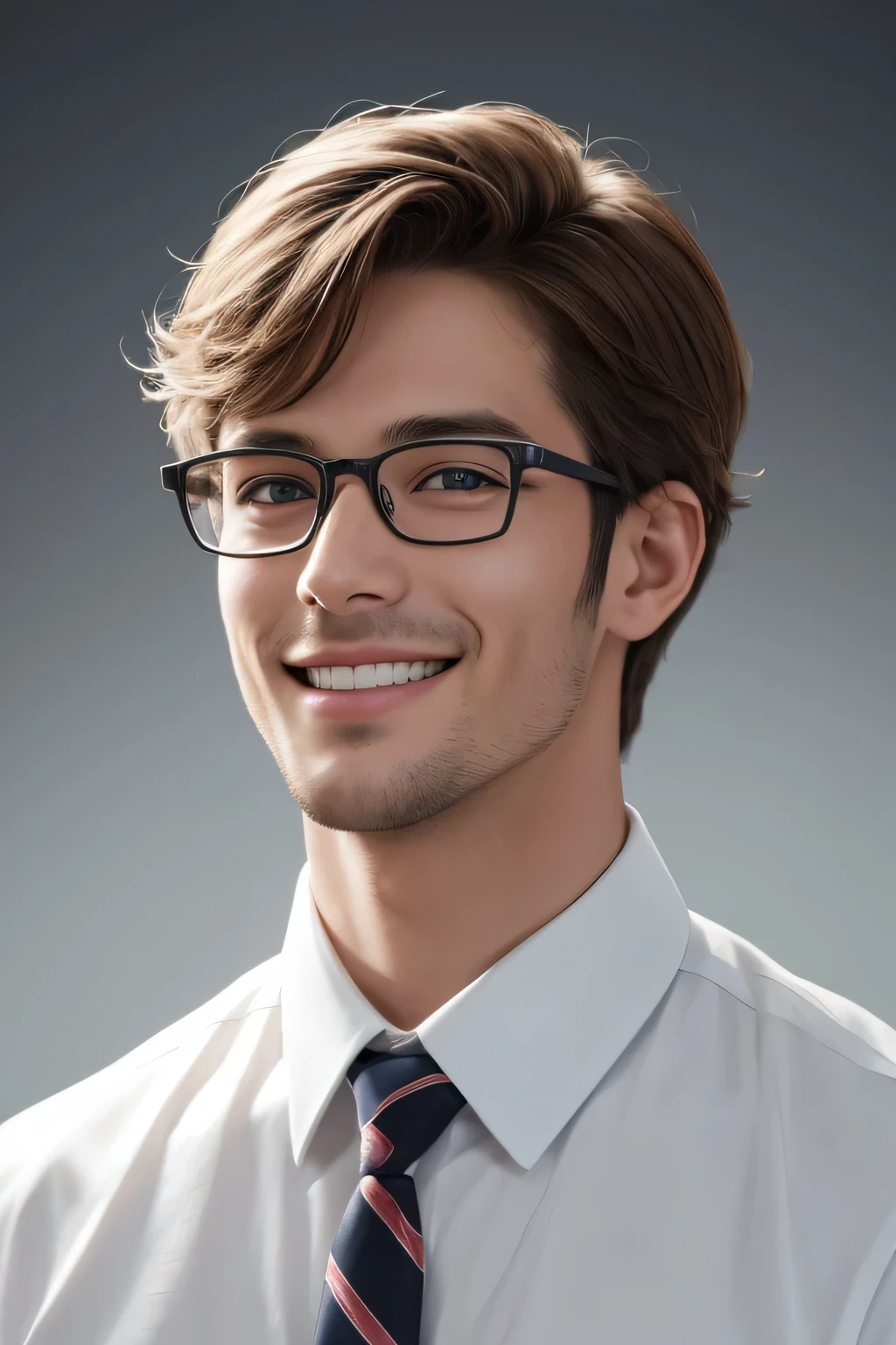 masterpiece, realistic, handsome guy with glasses, smiling, white background, 4k