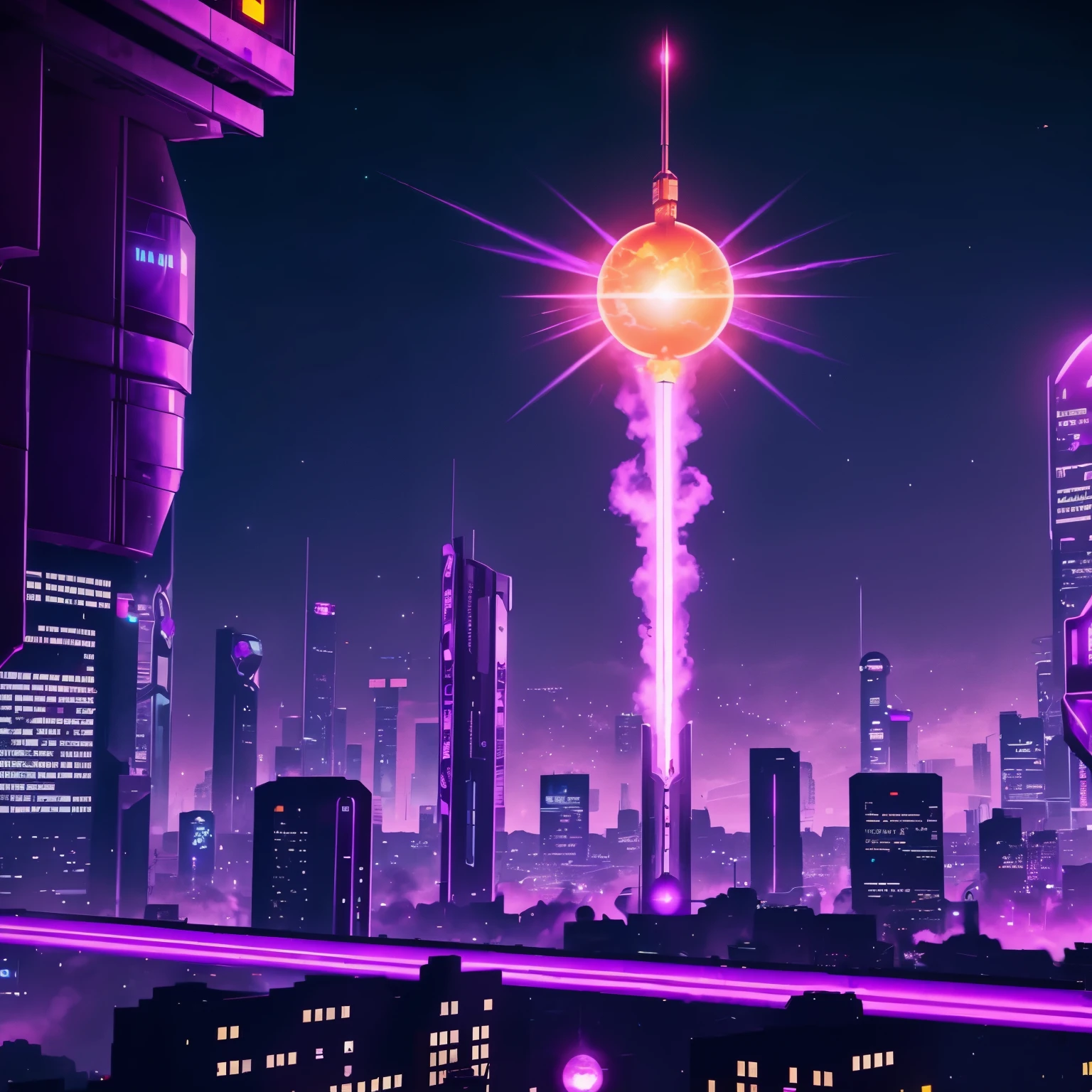 Big purple fireball above futuristic building in cyberpunk city