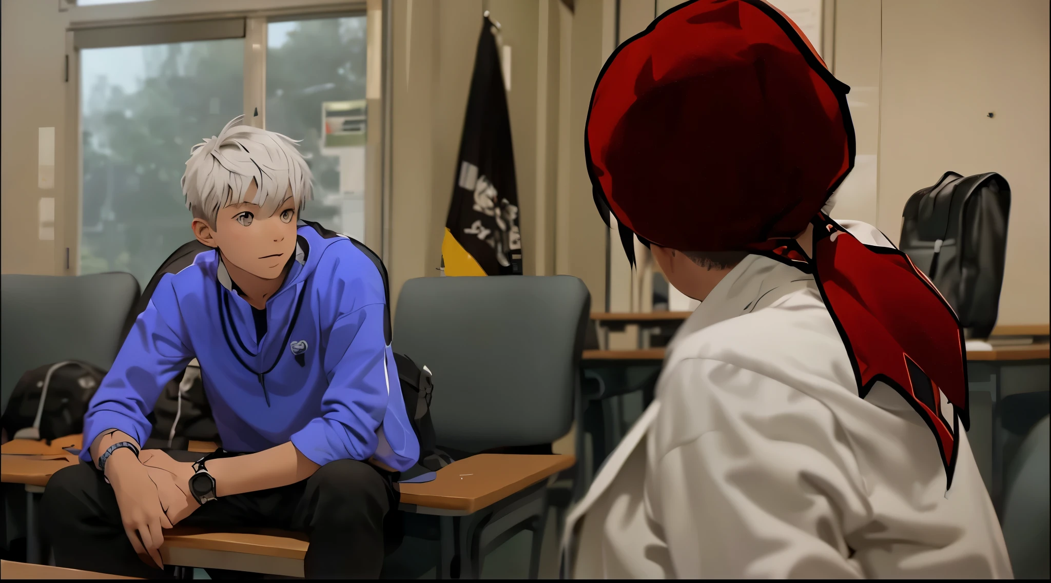 a 17 year old male student with short silver hair with gray eyes sitting in front of his teacher