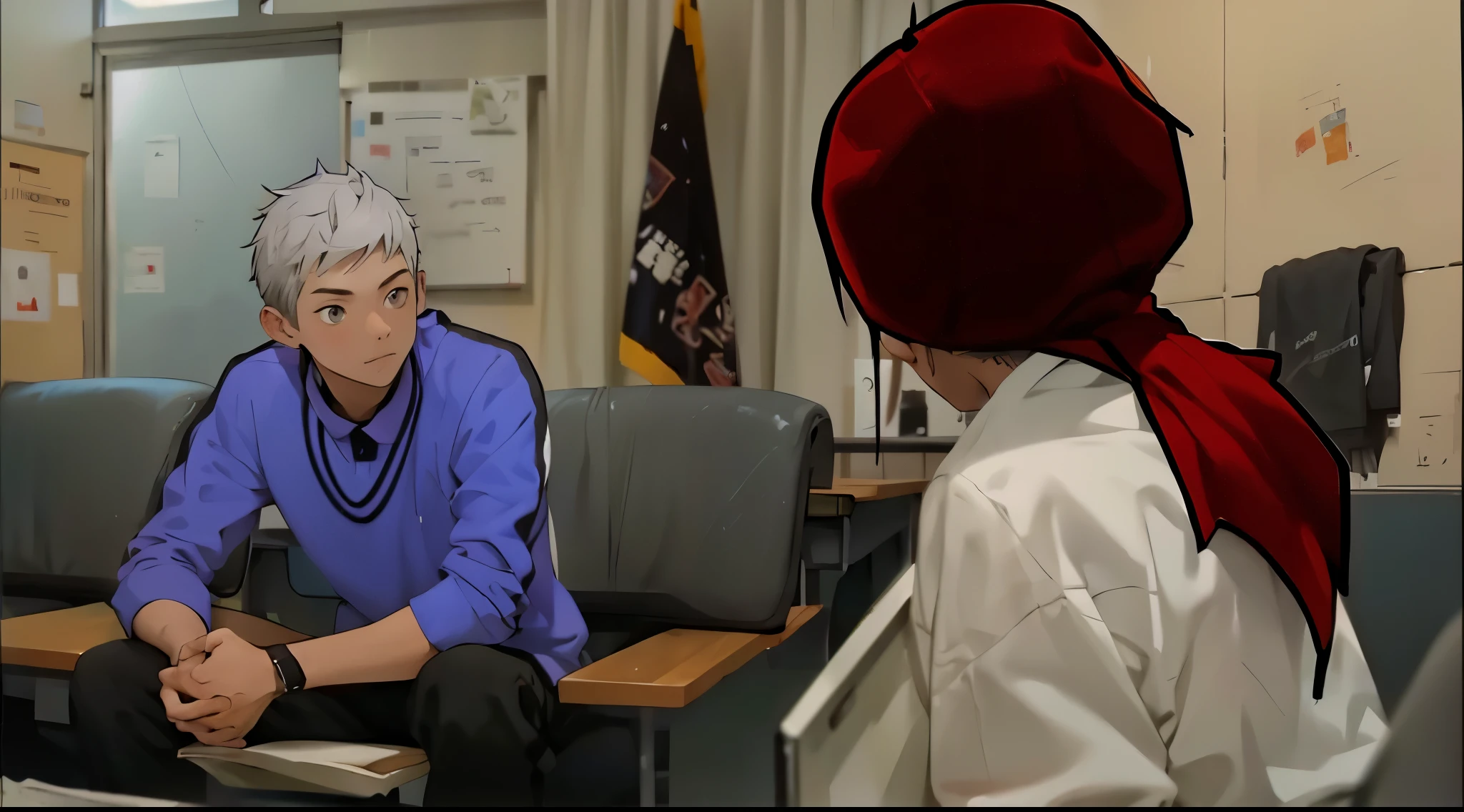 a 17 year old male student with short silver hair with gray eyes sitting in front of his teacher