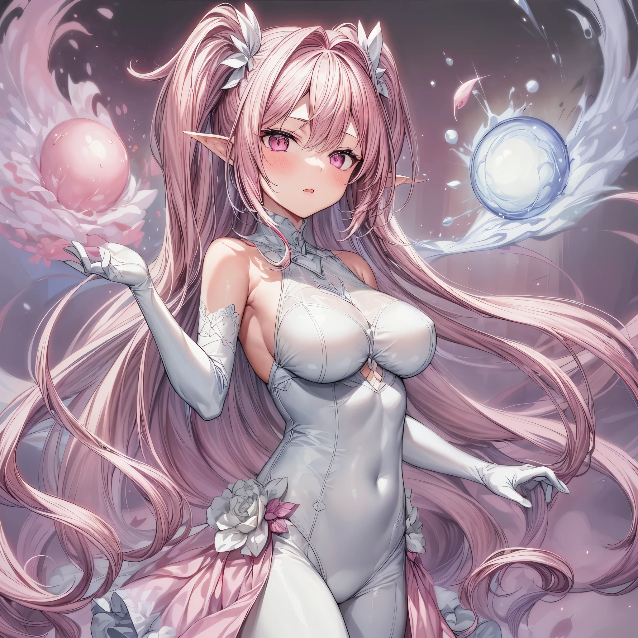 1girl, long pink hair, detailed pink eyes, white clothes, white elbow gloves, masterpiece, high res, splash anime art