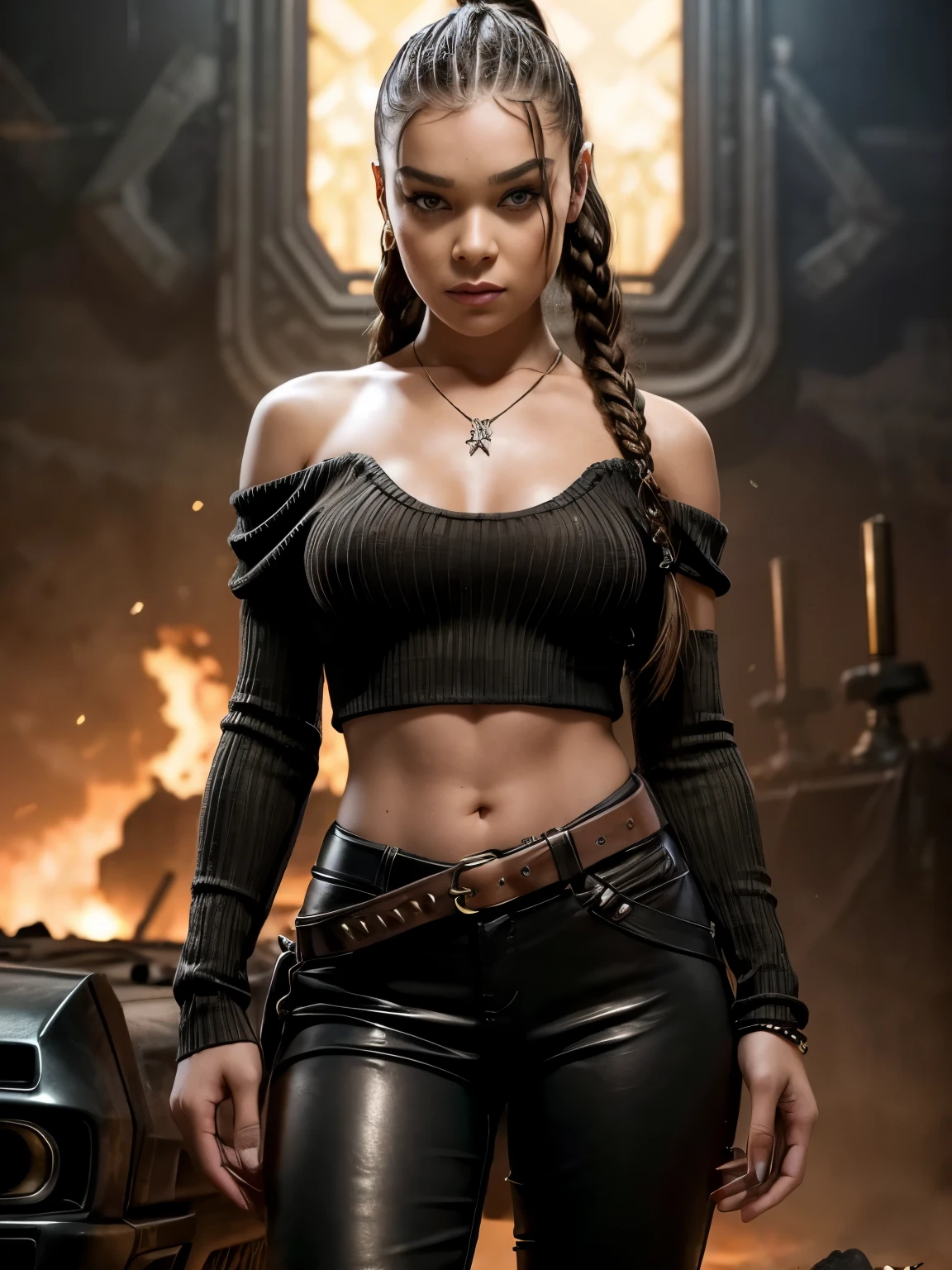 gorgeous woman, solo, looking at viewer, brunette cornrow hairstyle, jewely, Full body, a necklace, off shoulders, Sweaters, Realistic, brown eyes, A sexy, leather, destroyed living room background, apocalyse, mad max setting, armageddon, ready for action,