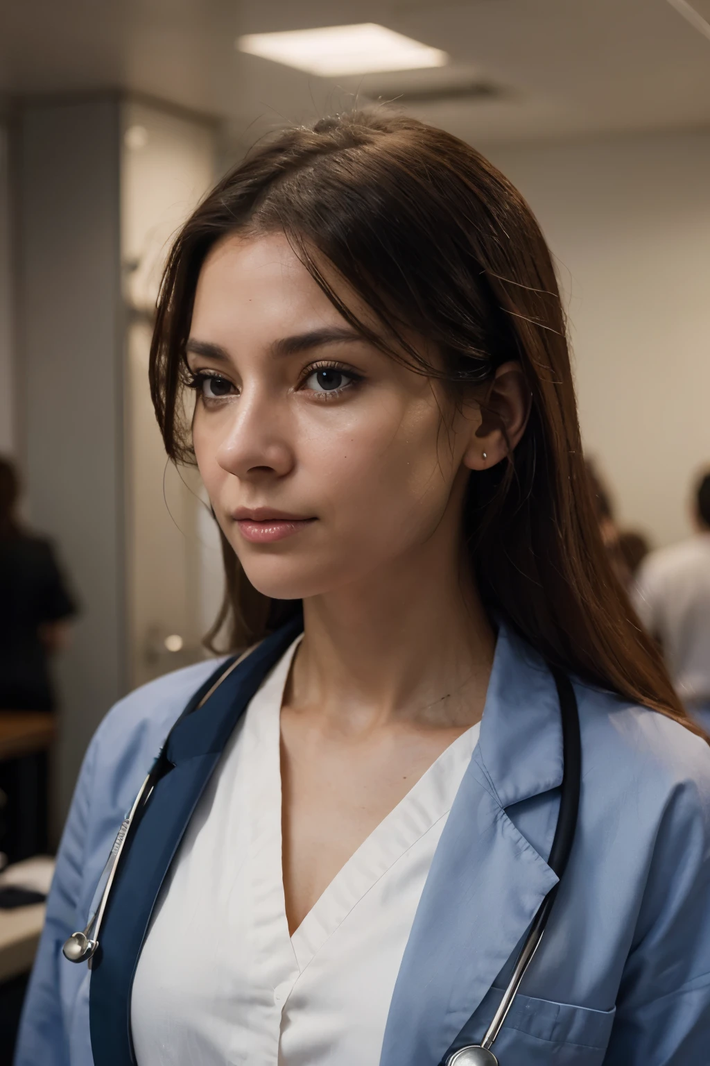 Female physician corporate headshot, taken with a Canon EOS R5 at 85mm and f1.2 aperture, captures a serious yet approachable expression. Vermeer lighting illuminates her face from the side, casting soft shadows and highlighting her features in an 8k super realistic manner. With a crisp white lab coat contrasting her black corporate attire, she radiates both professionalism and medical expertise. A group of physicians in scrubs can be seen in the background, adding context and depth to the image. Realistic and detailed, every strand of her hair, the wrinkles around her eyes, and the veins in her hands are clearly visible. Her pier