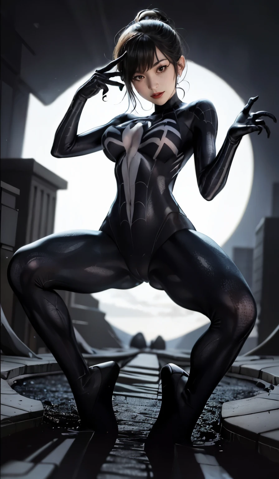 4K，realisticlying，Glamorous，The  very detailed，There  a girl in Dingcheng，Wearing a black Spider-Man costume，（Black and white：1.4） the night,symbiote，venomize，a large amount of mucus,she  a spiderman，Black superhero theme，In front of the sky，Flushed complexion，( Open legs， camel-toe，， Vulvar shape：1.3）,(GGCameltoe:1.3)Legs apart，25 age old，full bodyesbian