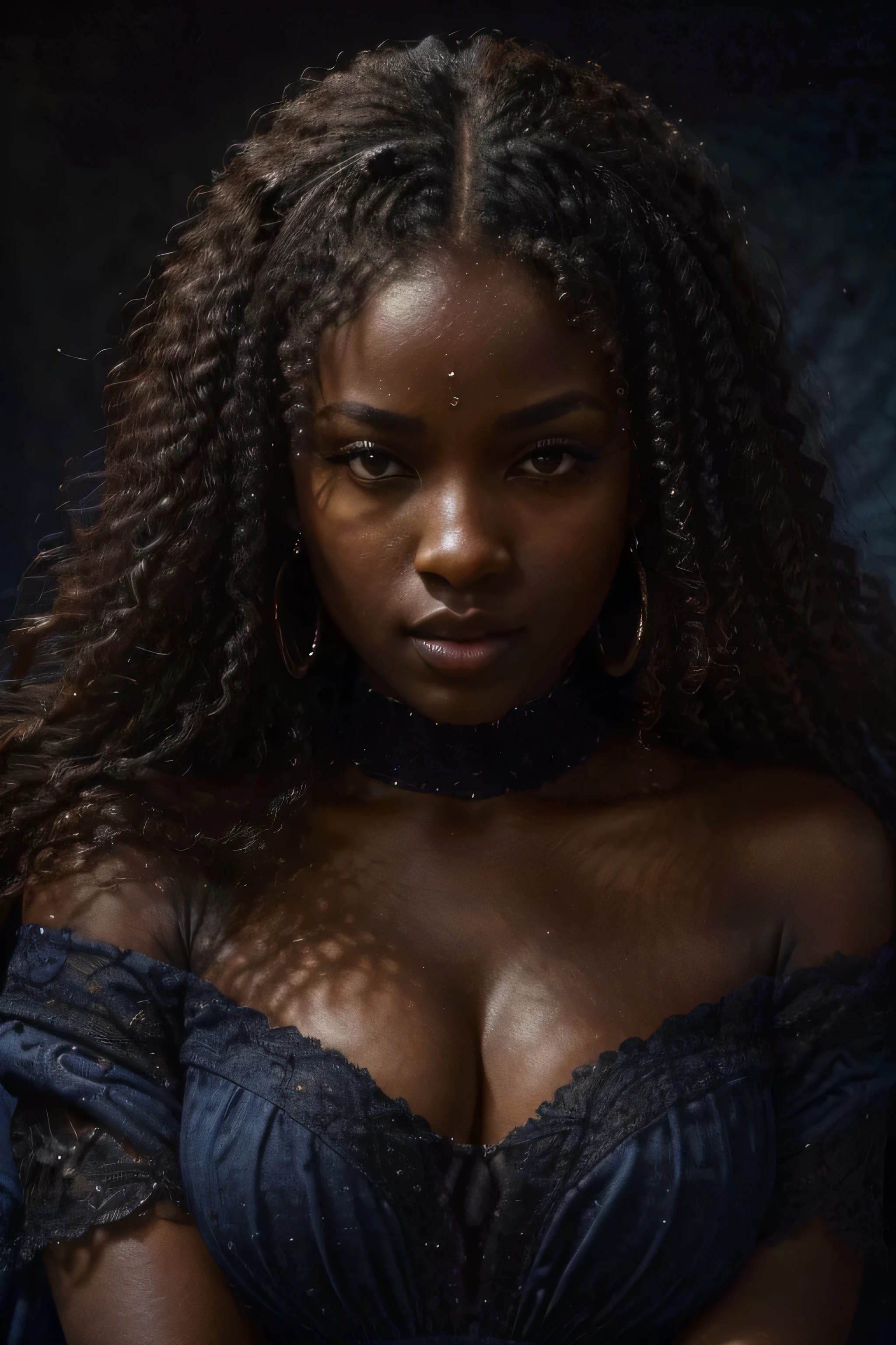 Full body photo of a beautiful (dark-skinned woman:1.2) on a blue velvet background, Blue velvet drapery background, (Textured fabric of the highest quality on a blue velvet background), lush blue drapery behind her with accent highlights(Highest Quality), her frontal shot on camera, Skin smooth and radiant, Film quality, The woman (ultra-realistic , ia&#39;in deep darkness ,Soft accents, Magnificent lighting in the style of Rembrandt., (Rembrandt Patch), Her juicy, cascades of natural dark hair, giving her face an aura of charm. With amazing eyes, adorned with long lashes, eyes, Rich, deep colours, Ancient seduction and passion. Finely detailed(Fine-grained), (Highly detailed skin texture of peachy-fluffy earlobe is realistic.) ○○ RES – ○○ Ultra High Resolution Resolution(hight resolution) , Very high resolution textures(Light Resolution), Realistic - Realistic Photorealistic - (photorealistic beautiful eyes, Pupil colors, 4k) , 8K,extreme detail, Close and intimate,
