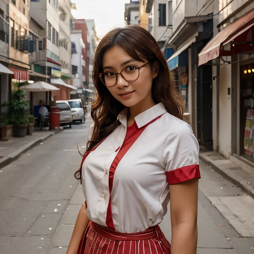 (Best Quality-0.8) Must be a perfect anime babe ;  A beautiful and happy Burmese nurse woman wearing a red and white nurse uniform with round face, curly brown hair and round glasses on the street in the city.