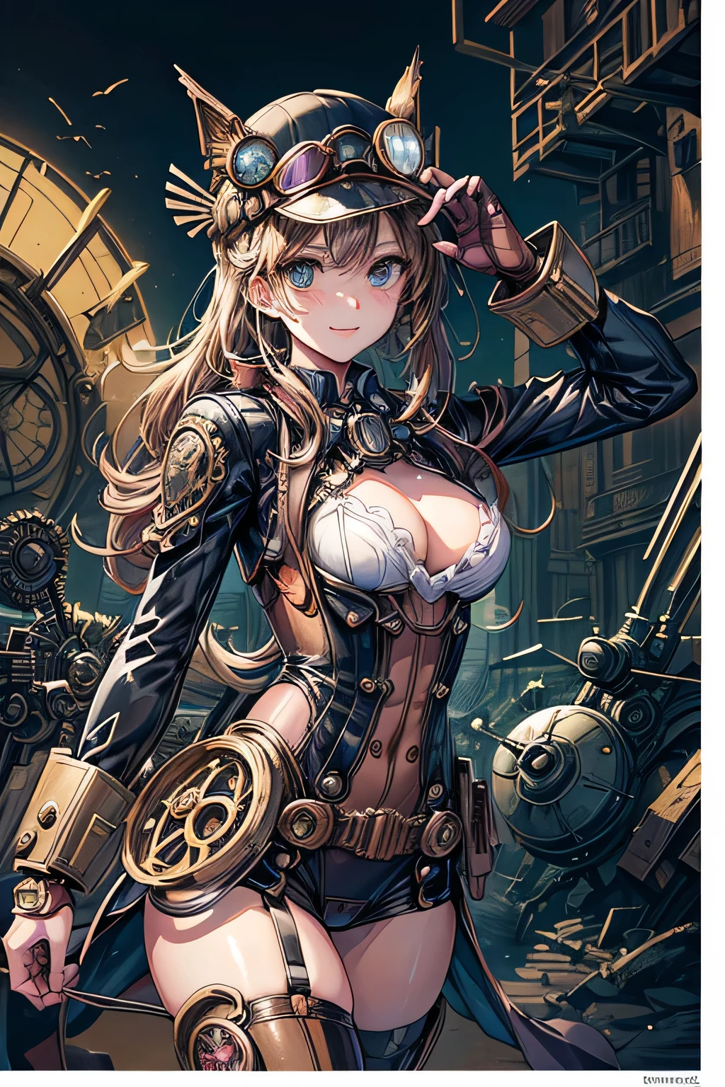 (comic book style),(line drawing_anime),(cowboy shot, highest quality, ),(Laura Budd Photo:1.2),(Laura Add Details:1.0),8k, flat color:0.8,1 girl,smile、(Highly decorative and complex mechanical steampunk fashion, lace flare dolphin hat、goggles 1.5、machinery background、Gear background、complex mechanized steampunk factory、1.5)