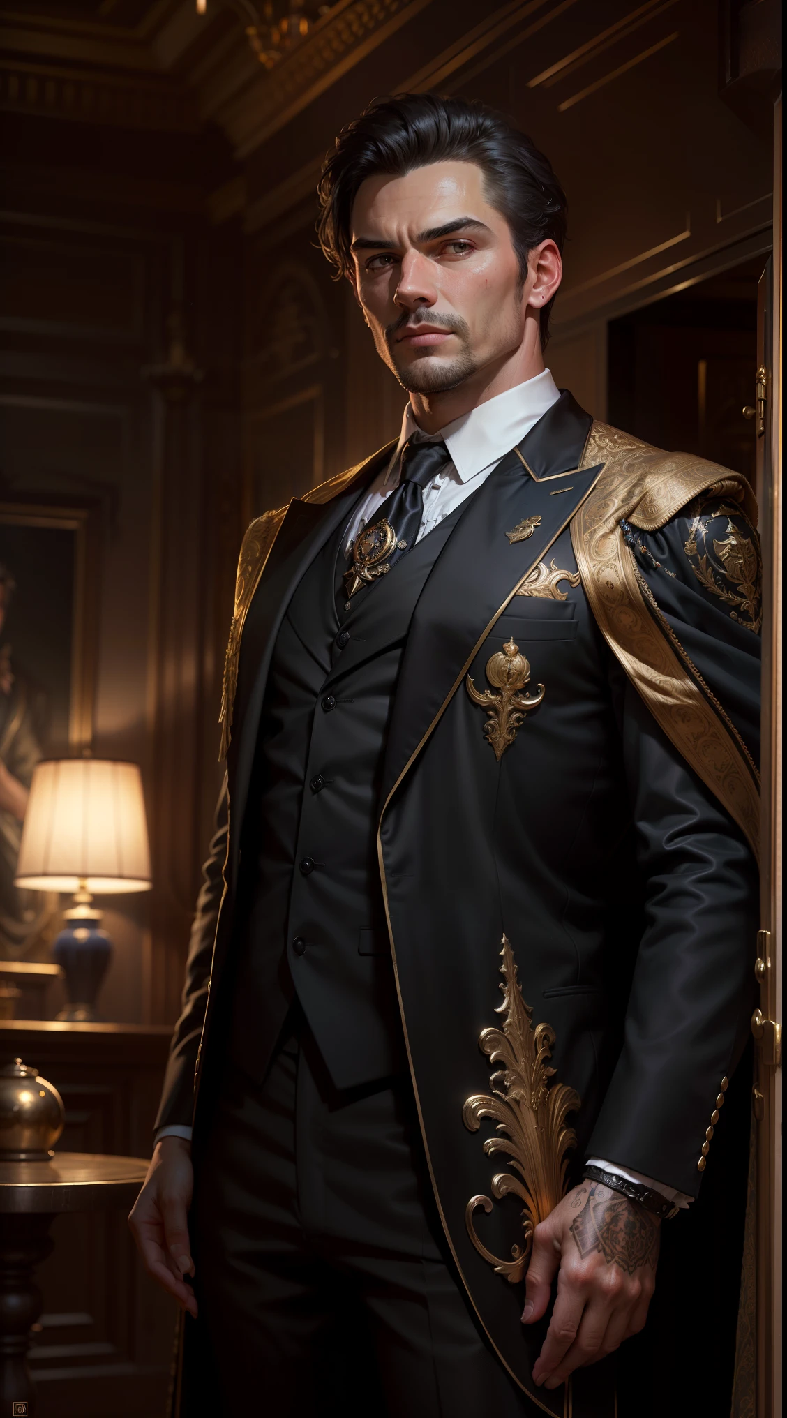 "((photorealism, high quality, detailing)), (half of the body) Strong man, male appearance, Majestic magician-alchemist, short dark hair, A European view, modernity, 21st century, Stylish black suit (ornate), Ascot style tie, long black cloak, magical atmosphere".