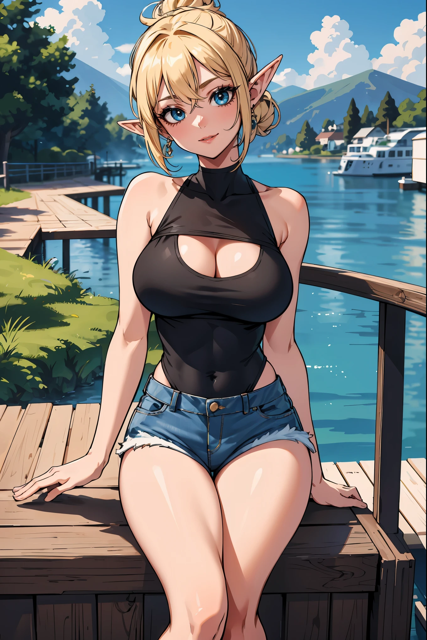 Masterpiece, Ultra High quality, 4k, intricate details, gorgeous elf woman, mature:1.4, slim thick build:1.2, blonde hair, updo, mw, large breasts, black tank top, tight denim shorts, combat boots,on a dock, sitting on a railing, cute posture, head tilt