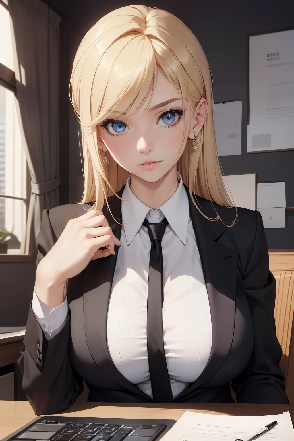 A stunningly lifelike portrait of a beautiful blonde woman, gazing directly into the camera, immaculately dressed in a sleek black business suit, perfectly accessorized with a laptop on her office table. Her face, an epitome of beauty with its flawless features, radiates elegance and confidence. Her body, toned and curvaceous, exudes an aura of poise and professionalism. The composition is meticulously crafted, with each element harmoniously balancing the other to create a captivating working scenario. Bathed in the soft and gentle light of day, this 4K UltraHD masterpiece, with its crisp and vivid details, is guaranteed to leave