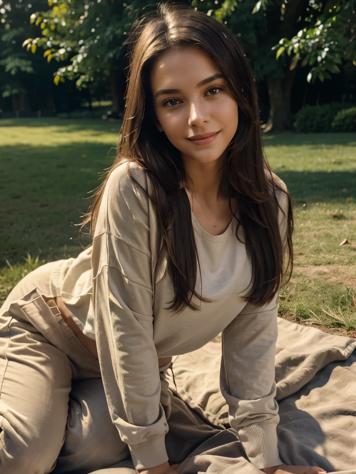 photorealistic, beautiful young woman in a park sitting in the grass under a three, no blanket on the floor, she is wearing a beige oversize joggers and a white long-sleeve top, 19 years old, big chest, light smile, sexy look, perfect body, medium-long straight hair, hard shadows, detailed background, strong shadows, grain movie, RAW