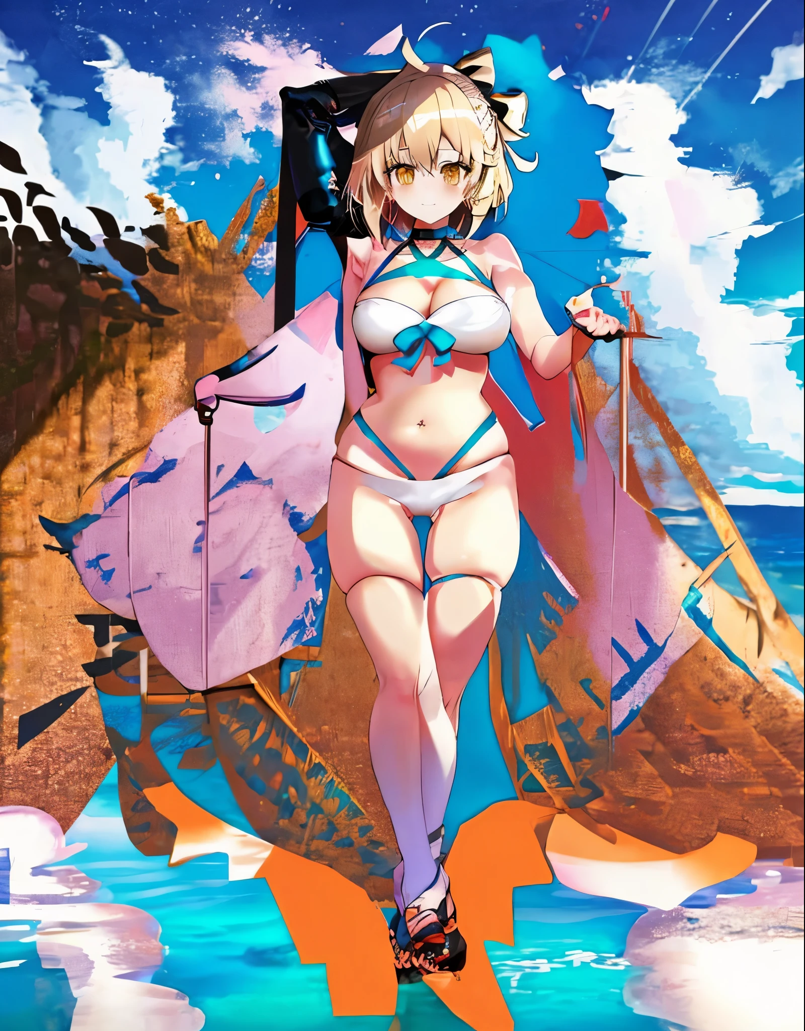 masterpiece, best quality, looking at viewer, (light_smile:0.6),
1girl, ahoge, , okita_souji \(swimsuit\) \(fate\), large breasts , blonde hair, yellow eyes, pony tail
bare shoulders , cleavage,
clothing cut out, detached collar, navel cutout, single thigh strap, hands behind head,
Sea background,squat,(open_legs:1.3),dynamic_posing,armpits,smile,