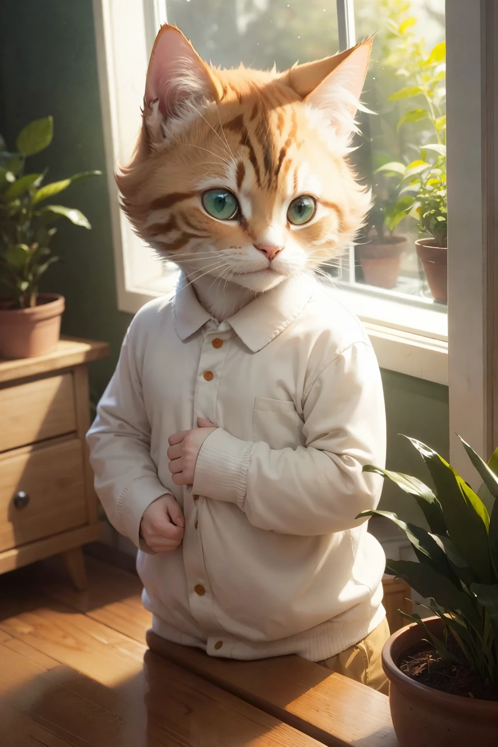 Meet Whiskers, a charming and adorable feline about . His short, fluffy ginger fur is accentuated by his bright, curious green eyes. Wearing a collared red bow accessorizing his neck, Whiskers enthusiastically gazes at his reflection in the mirror. The cozy, well-lit room, filled with potted plants and colorful cartoon patterns, complements his playful and chibi demeanor. As he shifts his weight, waiting for his next adventure, the soft, lush background forest peeks through the window.