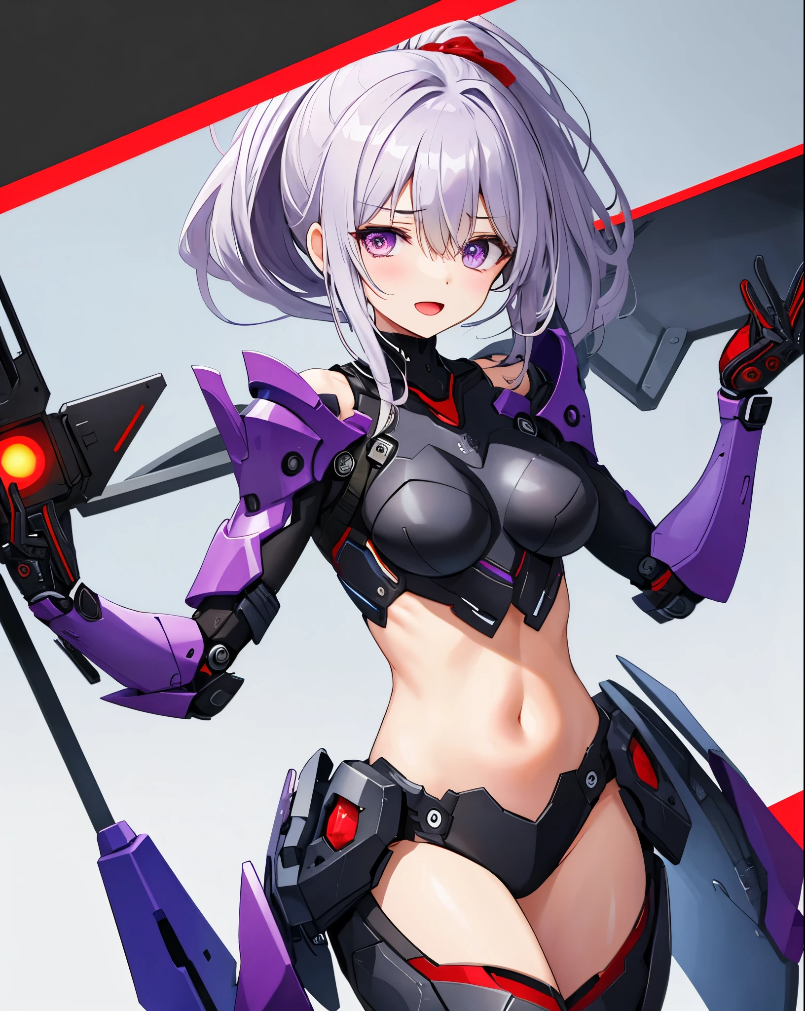 ,1girl,(teen:1.5), (short_ponytail:1.3), (light_whitish_purple_hair:1.3),black_mechanical_armor_parts,white_breasts_parts_red_black_body_suit,bare_shoulder,bare_slender_thighs,medium_breasts,on_the_desk, desk_background,Stinging_eyes,sleepy,thighhigh_greaves,gauntlets,dynamic_posing,bare_frank,metal_red_parts_armor,red_eye,solo,
fists,hold_weapon,glare,navel,large_mechanical_parts,happy,waist_armor,open_mouth,rise_legs,apart_legs, (covered_navel:1.3),(very_long_bangs:1.3), (hair_over_one_eye:1.5),(long_bang_covers_right_half_of_face:1.5),
(covered_pussy:1.1),covered_breasts,fighting,