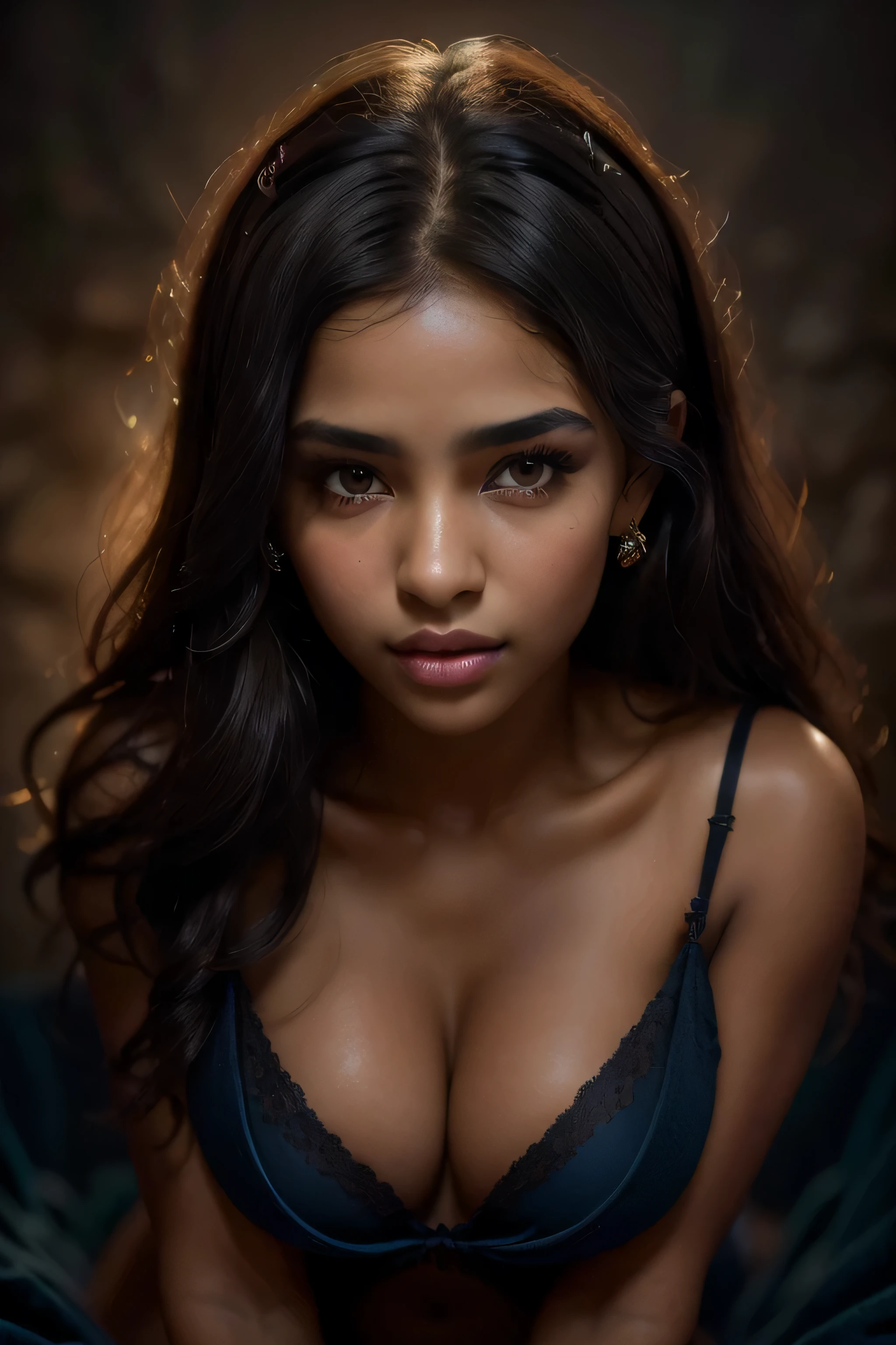 Full body photo of a beautiful (dark-skinned woman:1.2) on a blue velvet background, Blue velvet drapery background, (Textured fabric of the highest quality on a blue velvet background), lush blue drapery behind her with accent highlights(Highest Quality), her frontal shot on camera, Skin smooth and radiant, Film quality, The woman (ultra-realistic , ia'in deep darkness ,Soft accents, Magnificent lighting in the style of Rembrandt., (Rembrandt Patch), Her juicy, cascades of natural dark hair, giving her face an aura of charm. With amazing eyes, adorned with long lashes, eyes, Rich, deep colours, Ancient seduction and passion. Finely detailed(Fine-grained), (Highly detailed skin texture of peachy-fluffy earlobe is realistic.) ○○ RES – ○○ Ultra High Resolution Resolution(hight resolution) , Very high resolution textures(Light Resolution), Realistic - Realistic Photorealistic - (photorealistic beautiful eyes, Pupil colors, 4k) , 8K,extreme detail, Close and intimate,