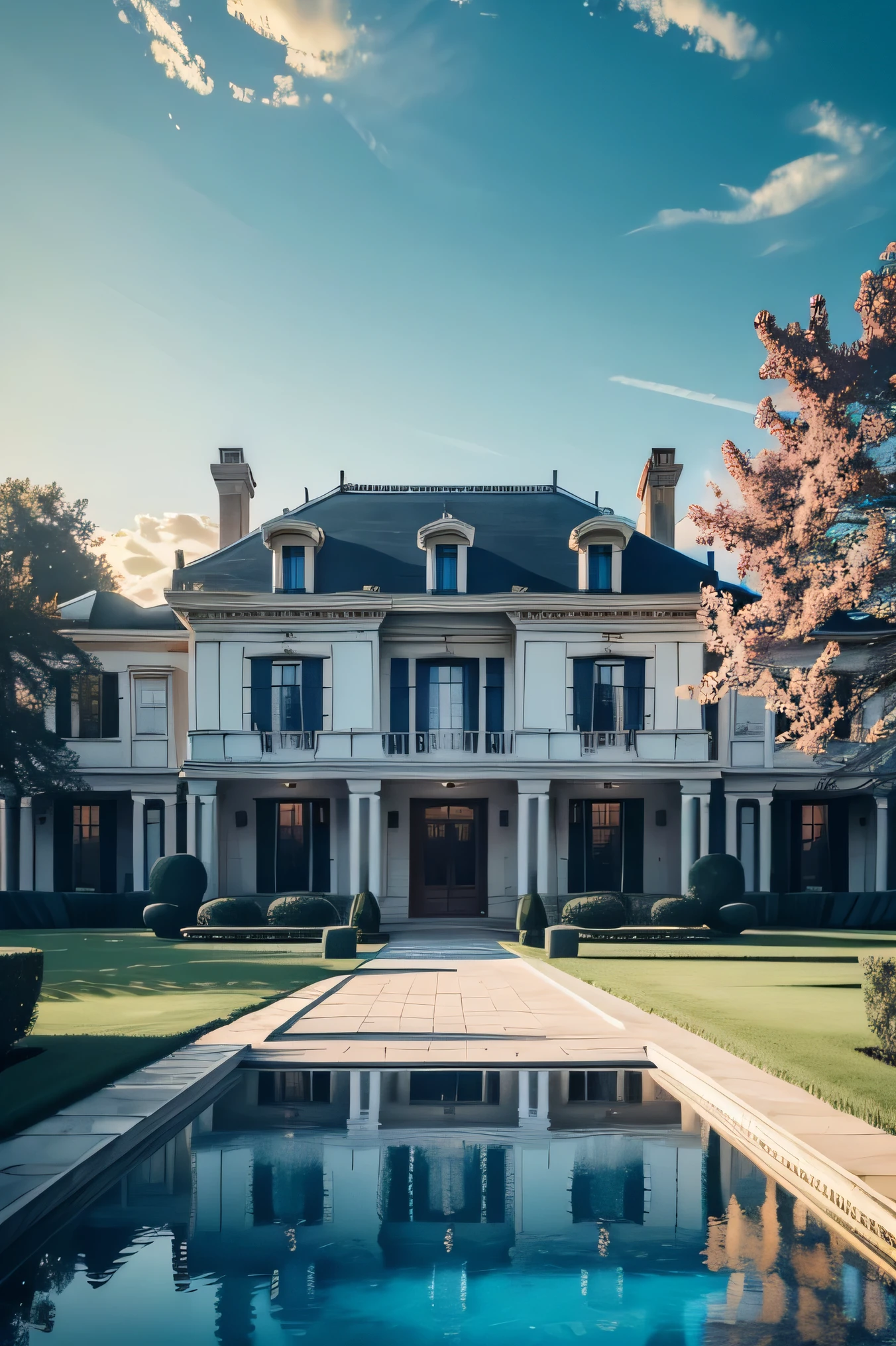 masterpiece, realistic, mansion, big house, bright sky, 4k