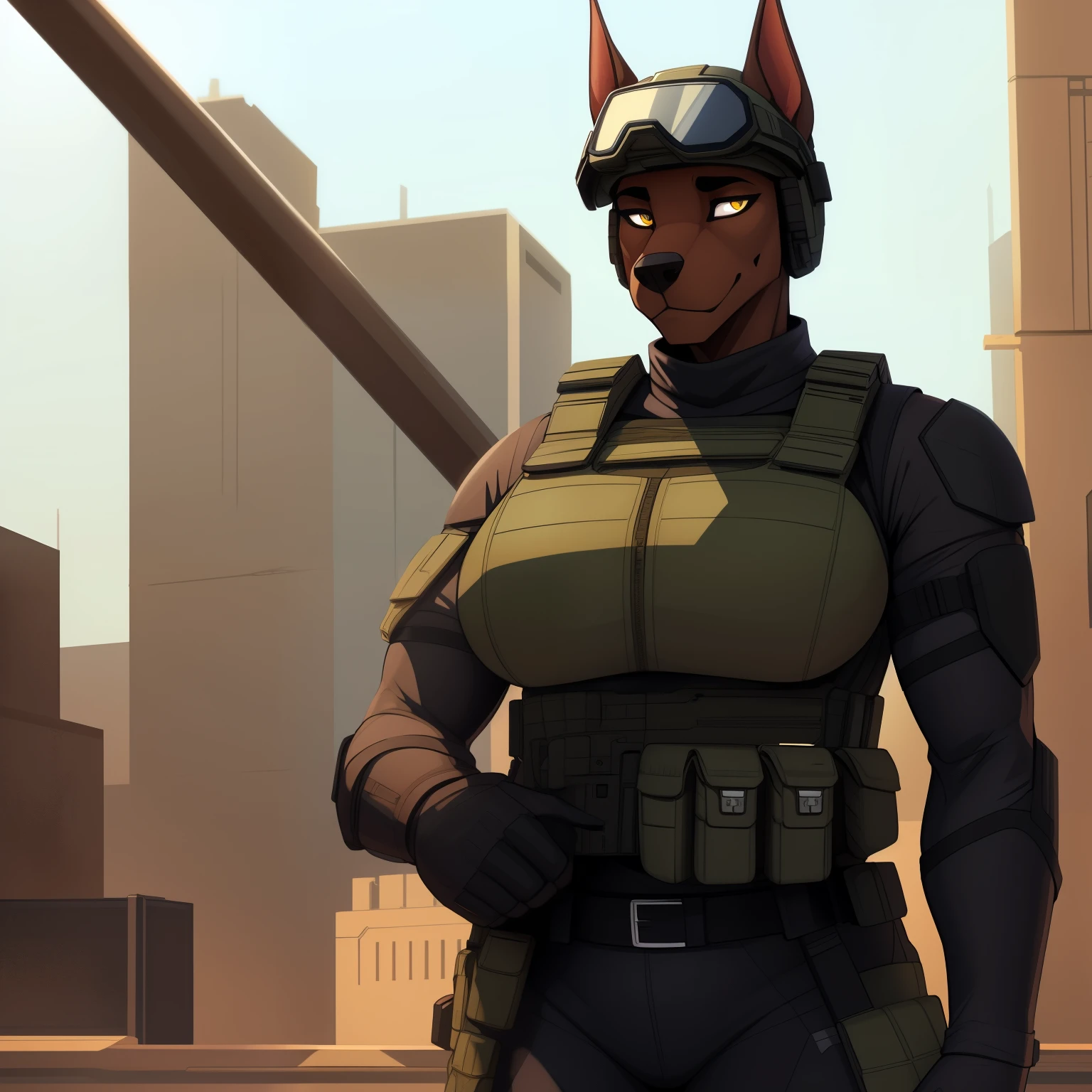 Tall_lanky_muscular_doberman female dark_brown_furry_body yellow_eyes glowing_eyes body_armor tactical_vest military_uniform goggles helmet large_breasts solo Masterpiece best_quality absurdres highly_detailed cleanly_drawn_eyes anthro_only by_claweddrip, by_greasymojo, by_underscore-b, by_runawaystride