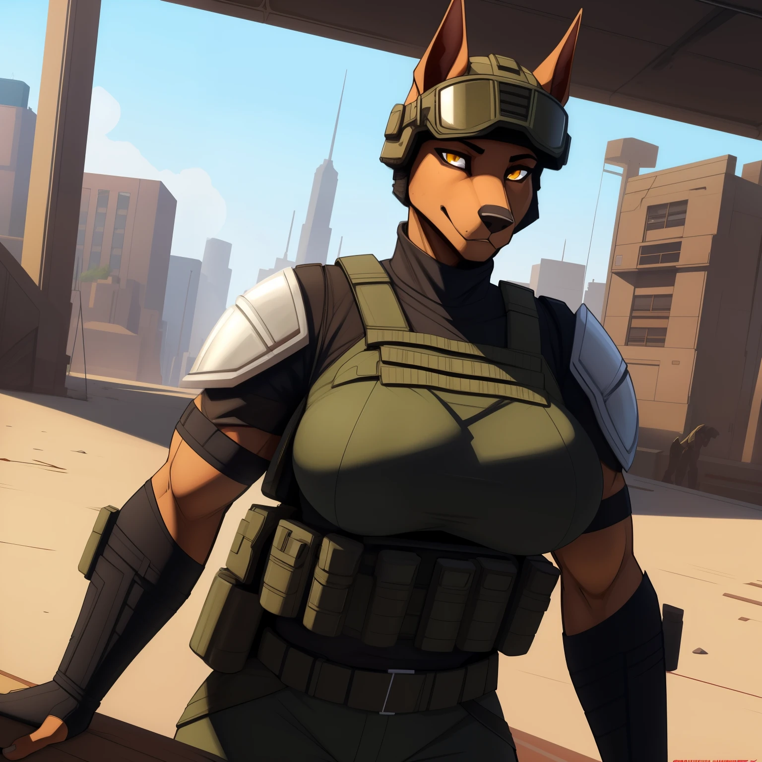 Tall_lanky_muscular_doberman female dark_brown_furry_body yellow_eyes glowing_eyes body_armor tactical_vest military_uniform goggles helmet large_breasts solo Masterpiece best_quality absurdres highly_detailed cleanly_drawn_eyes anthro_only by_claweddrip, by_greasymojo, by_underscore-b, by_runawaystride