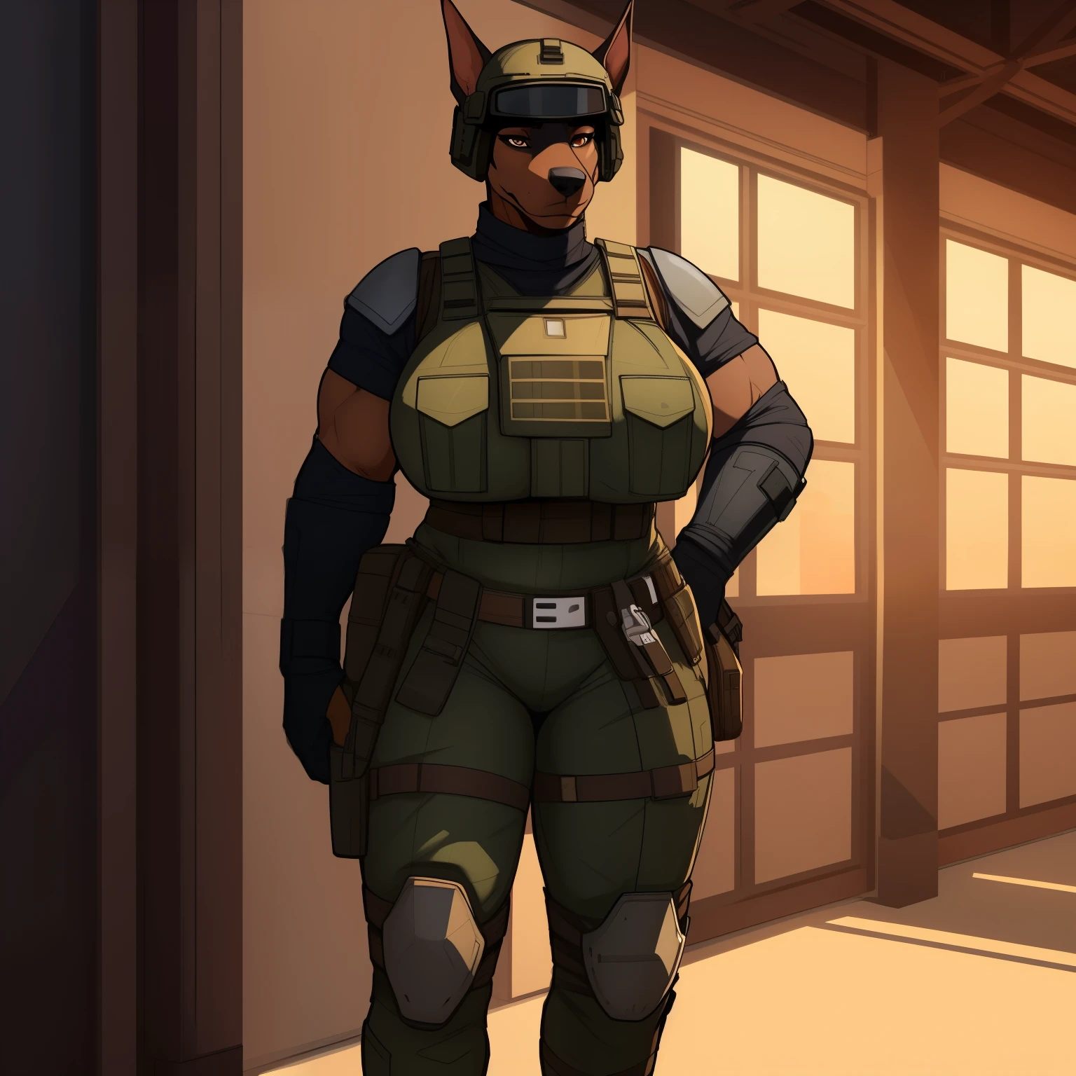 Tall_chubby_muscular_doberman female dark_brown_furry_body brown_eyes seductive_eyes body_armor tactical_vest military_uniform goggles helmet large_breasts solo Masterpiece best_quality absurdres highly_detailed cleanly_drawn_eyes anthro_only by_claweddrip, by_greasymojo, by_underscore-b, by_runawaystride