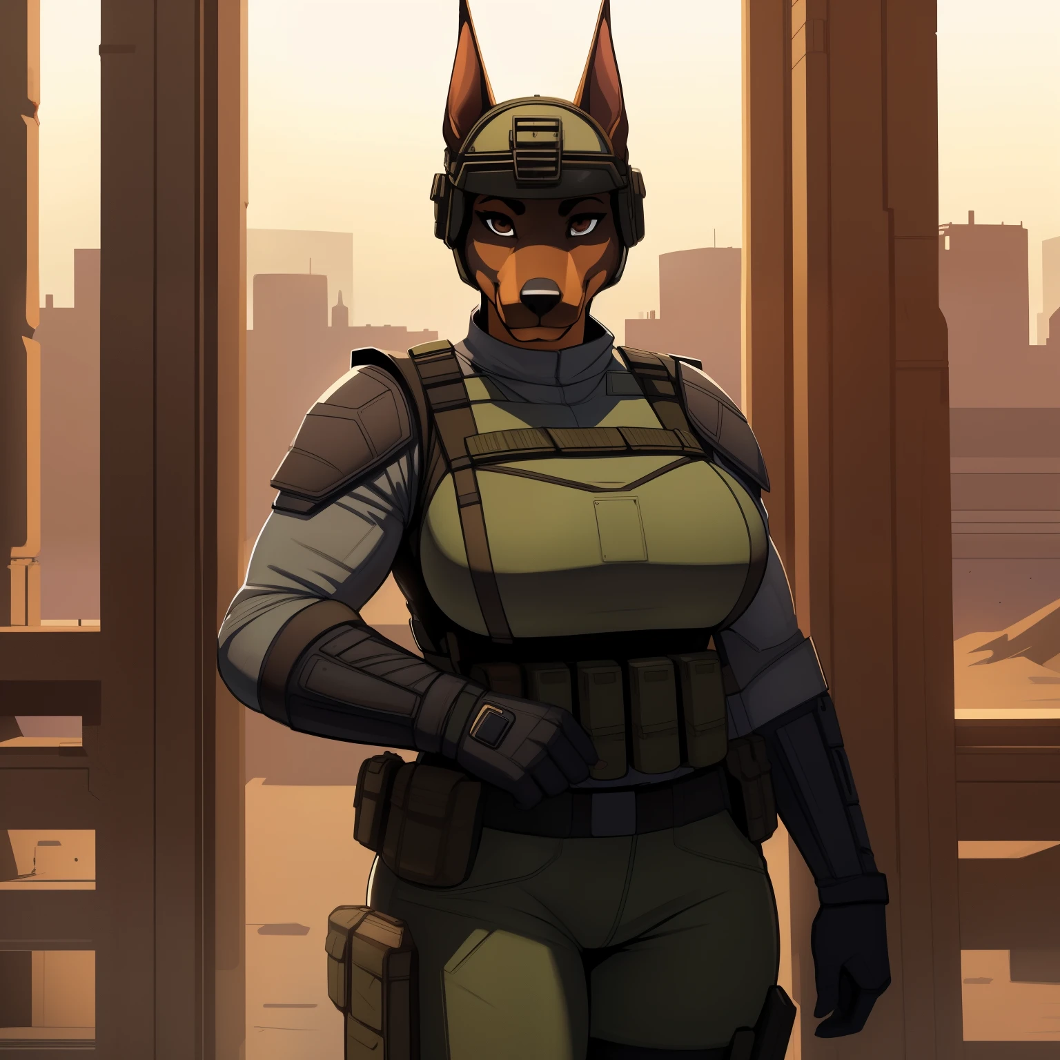 Tall_chubby_muscular_doberman female dark_brown_furry_body brown_eyes seductive_eyes body_armor tactical_vest military_uniform goggles helmet large_breasts solo Masterpiece best_quality absurdres highly_detailed cleanly_drawn_eyes anthro_only by_claweddrip, by_greasymojo, by_underscore-b, by_runawaystride