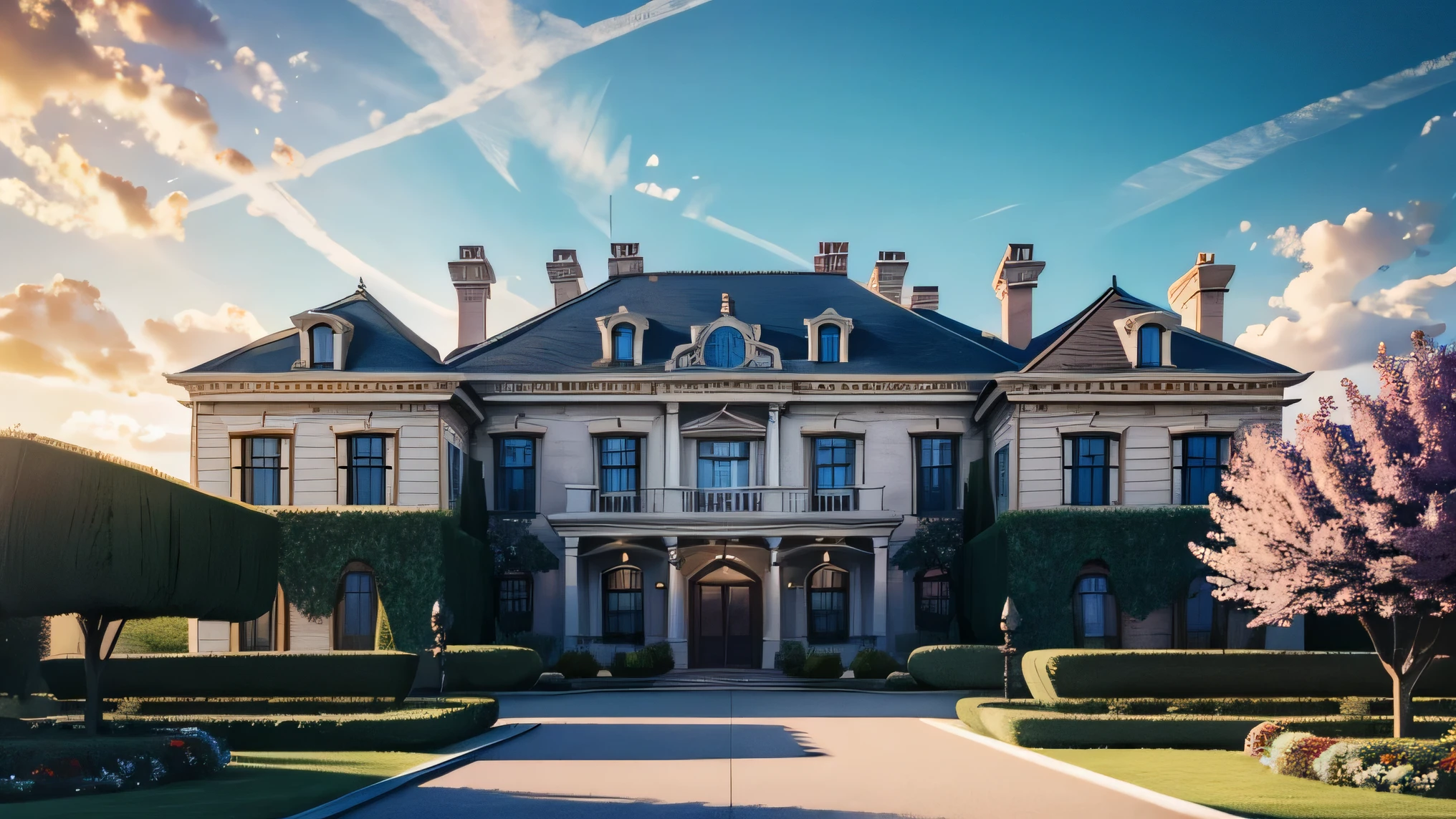 masterpiece, realistic, mansion, big house, bright sky, 4k