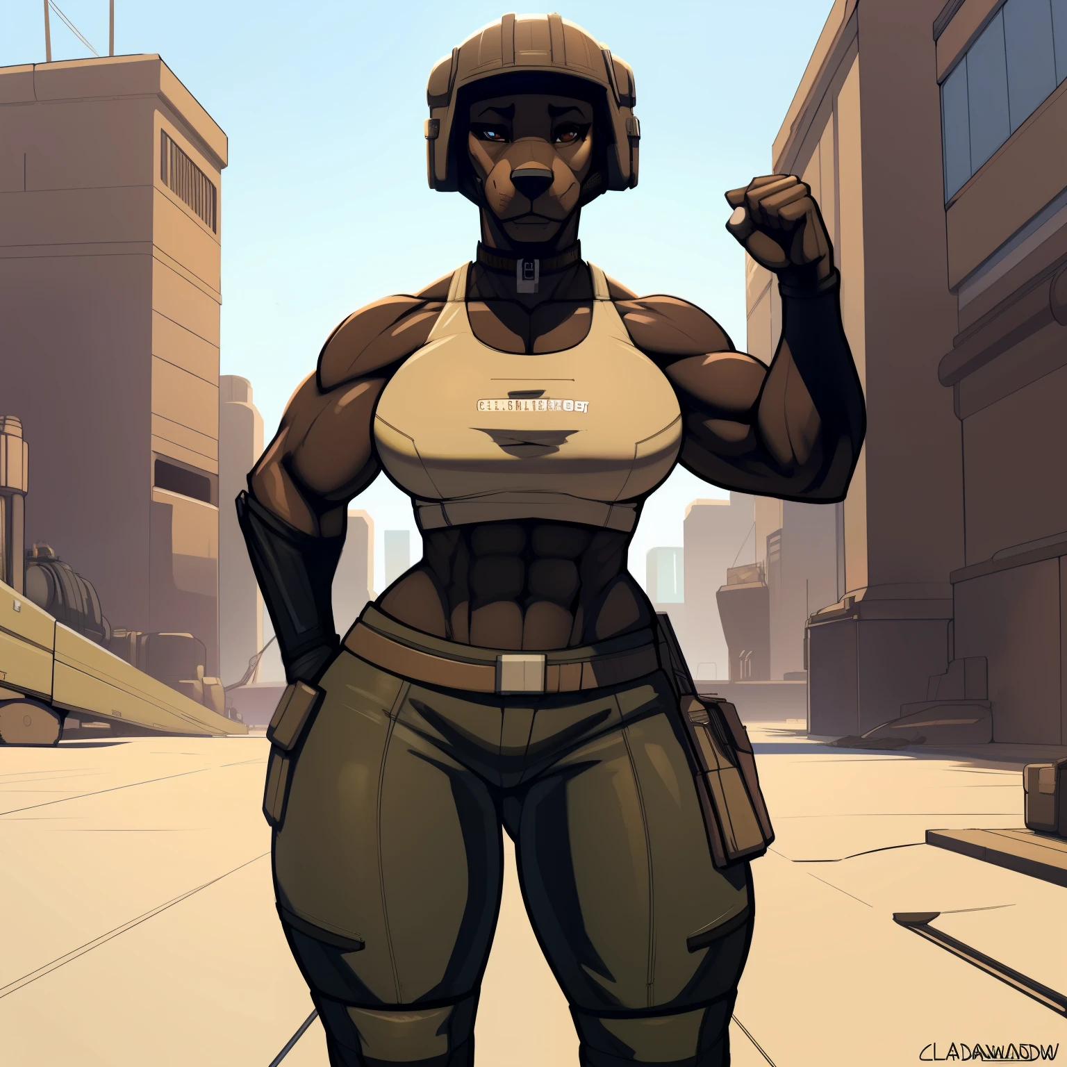 Short_broad_muscular_doberman female wide_hips black_furry_body brown_eyes tanker_outfit tank_helmet solo Masterpiece best_quality absurdres highly_detailed cleanly_drawn_eyes anthro_only by_claweddrip, by_greasymojo, by_underscore-b, by_runawaystride