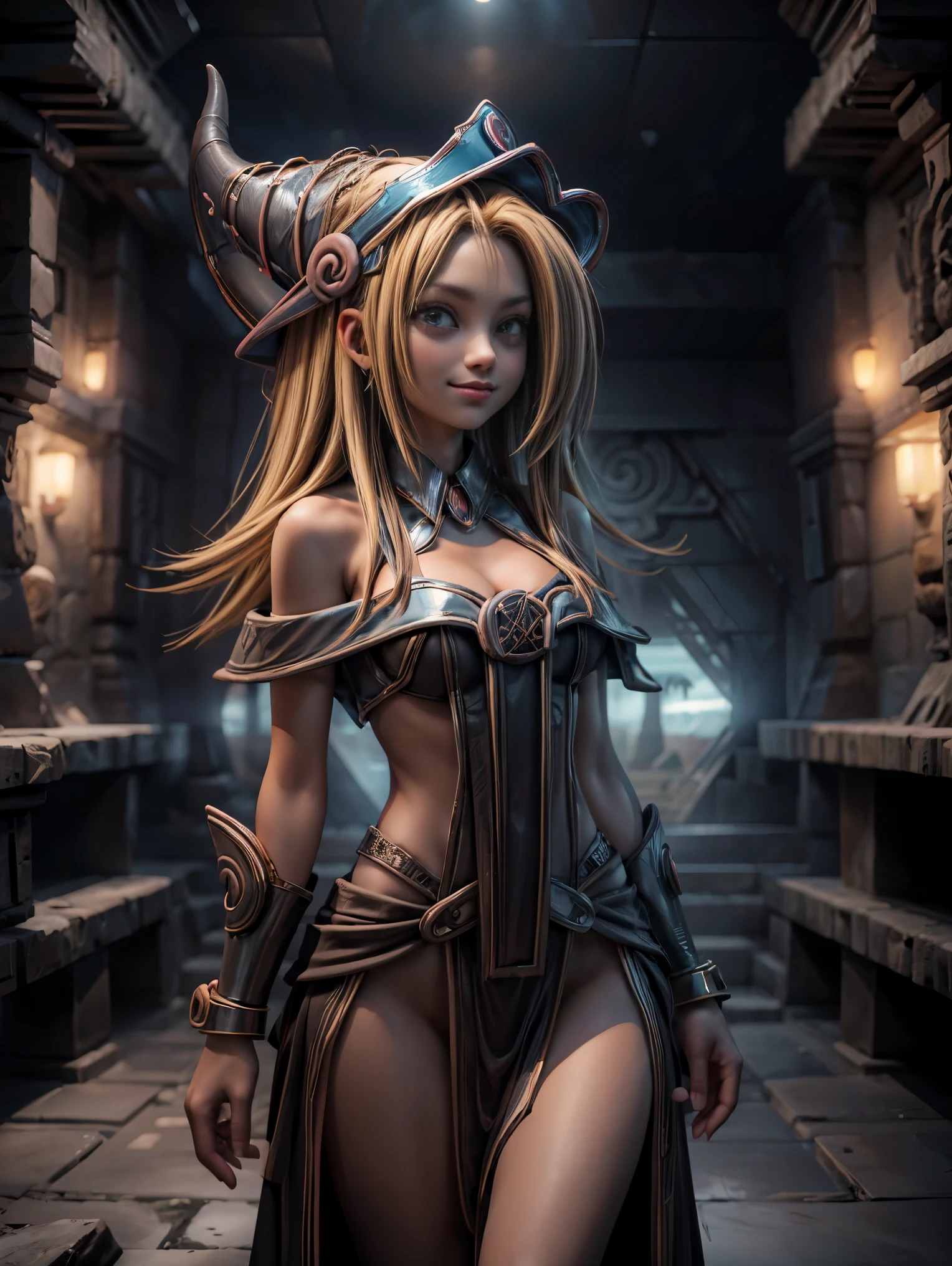 25 year old woman is Dark magician gils Mayan version she is standing, Magic hearts background. Sonrisa en sus labios. Ojos celestes. blond hair. ruinas mayas . Un ave quetzal vuela a su alrededor