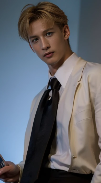 ((young male)), brown hair, yellow eyes, cat ears, cat tail, blue bodysuit, light armor, [skinny:muscular:0.7], science fiction, sci-fi, cosmic background