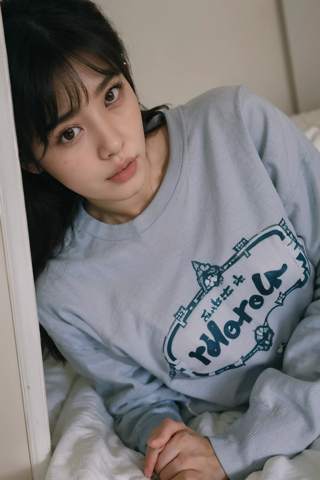 there is a woman that is laying down on a bed, ulzzang, rin, cute girl, reluvy5213, , heonhwa choe, model elisajes s from acquamodels, photo - realistic ), wearing sweatshirt, bae suzy, grey sweater, jinyoung shin, mid shot portrait