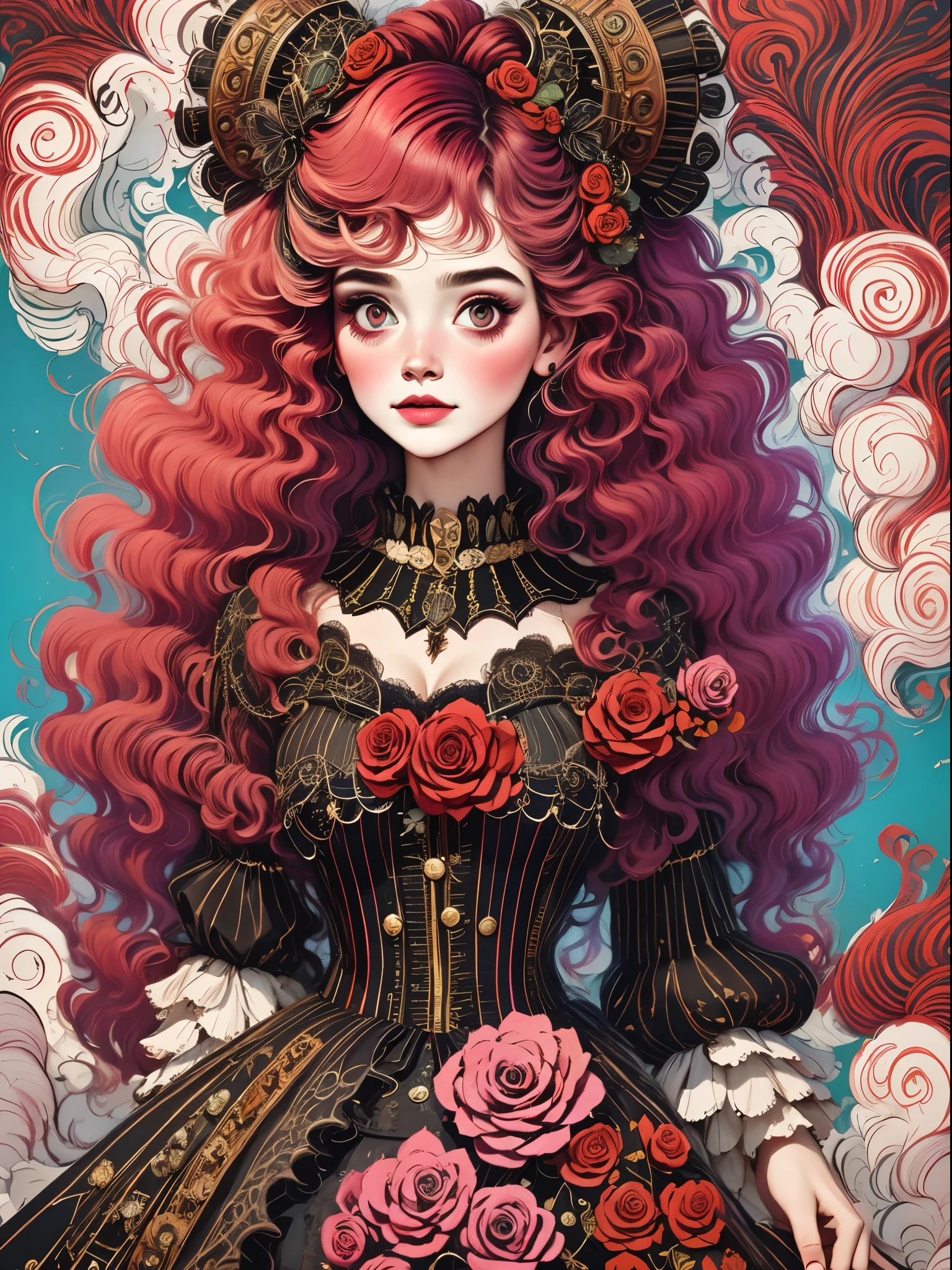 highest quality,masterpiece:1.2,detailed details,4k realistic roman mythology, girl, Halloween dress-up,steampunk gothic victorian style, dark colour, psychology, Surrealism, sublimation, subconsciousness, mood, enthusiasm, Pink、White and red details, Rose background,Green smoke from hair, Blue smoke background, Soft red and blue light,