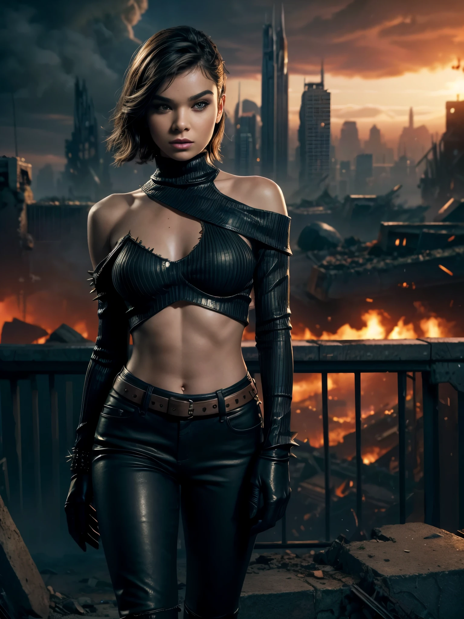 gorgeous woman, solo, brunette short spikey hairstyle, jewely, full body, off shoulders, sweaters, Realistic, A sexy, leather, destroyed city background, ruins, apocalyse, armageddon, ready for action, 4k, cinematic lighting, film grain, world on fire, end of the world,