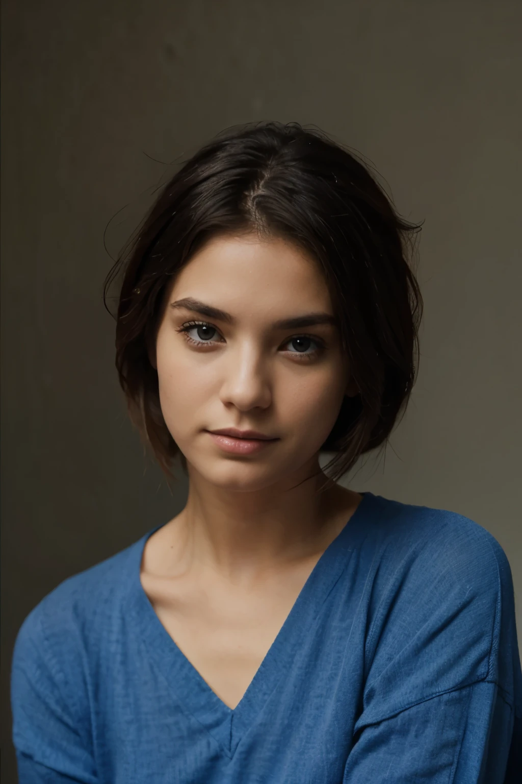 Best quality, masterpiece, ultra high res, (photorealistic:1.5), raw photo, 1 mature girl, black off shoulder t-shirt, in the dark, deep shadow, low key, cold light, sexy look, black medium hair with bangs (((black hair))), green eyes, sharp eyes, eyeshadow, plain white background