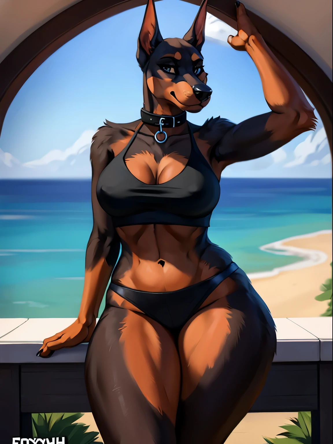 [(by foxovh:1.2), (hi reasterpiece)), ((best quality)), (anthro:1.2), detailed eyes, one female, Furry girl anthro, anthro, furry, girl, tail, (doberman:1.2):4, ass focus, submissive pose, collar, (large hips, thick thigh), (large thighs), ((flat chest top wear)), long snout, eyeliner makeup, collar,