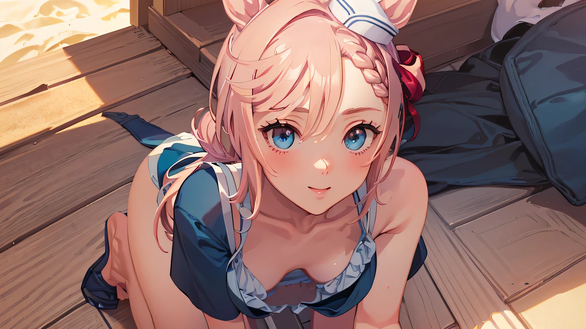 ((8k, 16k, highest quality, masterpiece, very detailed, Super detailed, official art)), semi-realistic illustration, realistic anatomy, 1 girl, , NSFW, ((school swimwear)), pretty girl, (baby face), eyes:1.2, emphasize the eyes), (beautiful eyes, perfect eyes), venus spark \(umamusume\), (pink horse tail), (very small breasts), beautiful face, pink short hair, blush, (((looking at the viewer))), (((cute smile:1.2))), (((by the beach, on the beach, island, blue sea))), (face focus:1.2, whole body), skinny, (extreme close up:1.3), young body, wet skin, water spray, (soft warm lighting, Natural light in summer, sunny day, daytime:1.5), ((detailed background:1.2)), down blouse, Learn positively, Nice Beach