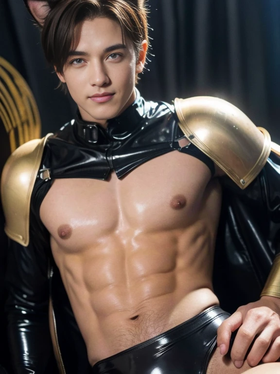 ((young male)), brown hair, yellow eyes, cat ears, cat tail, sexy latex bodysuit, light armor, [skinny:muscular:0.7], science fiction, sci-fi, cosmic background , grins , bare chest , bigboobs , puffy nipples