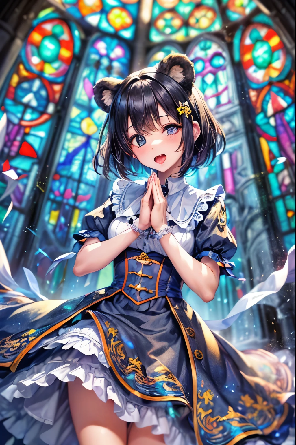 ((worst quality, low-quality)), ((Bear-eared chemomimi girl)), ((Black-haired berry berry short)), (((Hair over one eye))), (((One eye is hidden by hair))), plump shiny lips, Beautiful purple eyes, Spoken Heart, Leaning forward, (perfect hand:1.4), (background of beautiful extremely detailed a church with clear and beautiful stained glass with a huge old cross in the center),(sing with her mouth wide open and folded hands:1.4), Confetti, (Stained glass window background), ((Shining sunlight)), (light Particle, light glow, llight rays:1.4), masutepiece,Best Quality,ultra-detailliert,