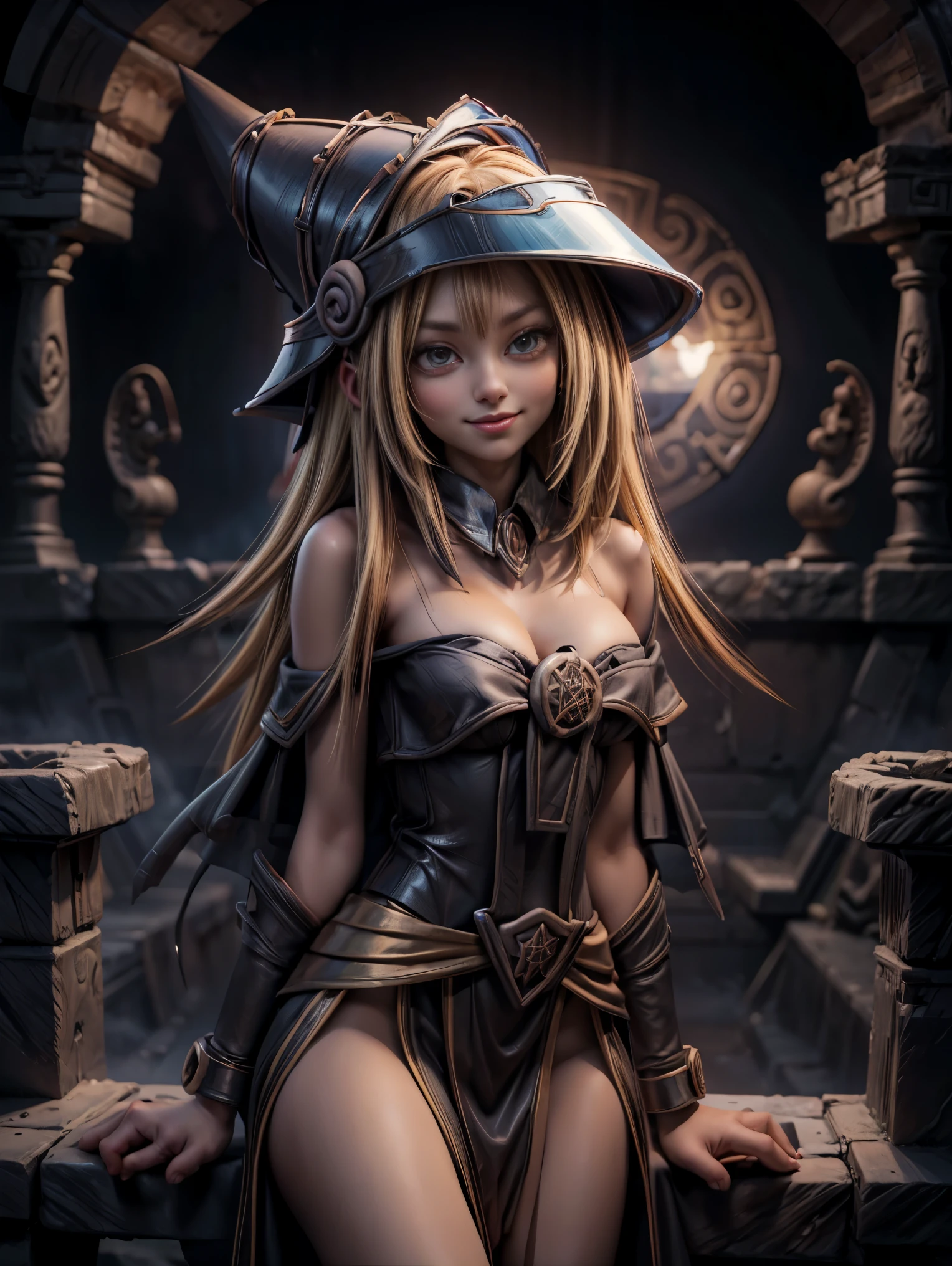25 year old woman is Dark magician gils Mayan version she is standing, Magic hearts background. Sonrisa en sus labios. Ojos celestes. blond hair. ruinas mayas . Un ave quetzal vuela a su alrededor