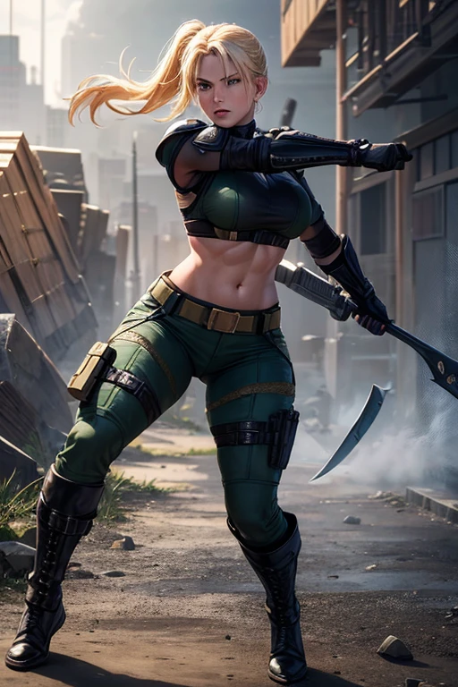 Sonya Blade is an iconic character from the Mortal Kombat video game series, conhecida por sua bravura, exceptional martial skills and determination to face evil. Here is a speculative description of Sonya Blade&#39;s physical and personal characteristics:

Physical appearance: Sonya is portrayed as an athletic and strong woman, with a physical appearance that reflects their proficiency in combat. She has short or medium blonde hair, usually tied up in a ponytail or practical style that allows freedom of movement during battle. Your eyes are often blue or green, expressing determination and intensity.

Facial Features: Sonya has defined facial features, with high cheekbones and a firm chin. Your face often displays a serious, focused expression, but she can also show a confident smile in the face of the challenges she faces.

Estilo de Vestimenta: Sonya geralmente veste um traje de combate militar, composed of black or green pants, Sturdy boots and a top that offers mobility and protection. She may wear military insignia or emblems on her uniform, indicating your affiliation with the United States Special Forces.

Armas e Equipamentos: Sonya is often depicted wielding her martial skills and a variety of weapons, como pistolas, granadas e facas de combate. She is skilled in the use of melee and ranged combat equipment., adapting to different combat situations efficiently.

Personalidade Determinada: Sonya is known for her fierce determination and her unwavering will to face any challenge that comes her way.. She's a natural leader, Able to make quick and strategic decisions even in the most adverse situations.

Lealdade e Dever: As a member of the United States Special Forces, Sonya is fiercely loyal to her country and her duty to protect Earth against interdimensional threats.. She is willing to make personal sacrifices to ensure safety