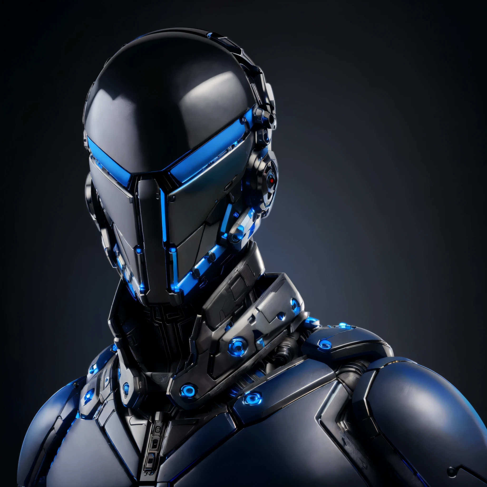 full body plane, ((a futuristic-looking blue chrome cyborg man)) with a fantastic ((square cyberhelmet head with blue lights)), dressed in a (((black and blue techwear))), humanoid robot, ((Iron gray tactical gloveechanical neck, cyberpunk city, UHD, anatomically correct, best quality, masterpiece