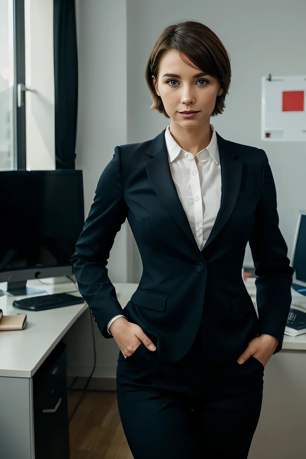 1 femme, short Hair, blue eyes, formally black suit, in an office, standing straight, looking happy, jupe courte, spain, background blurre