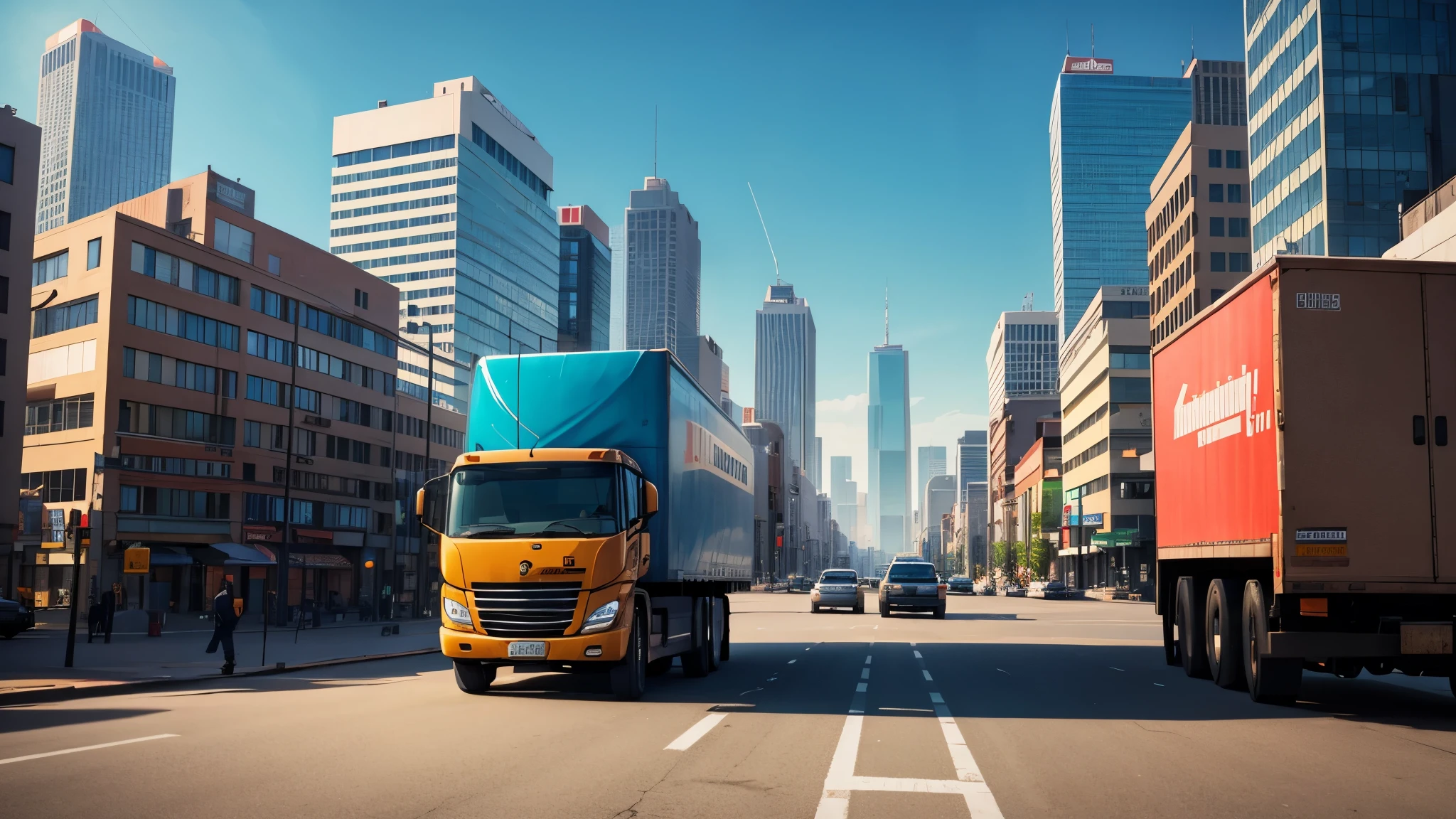 a man standing in a city and a truck is passing by behind him from far away.