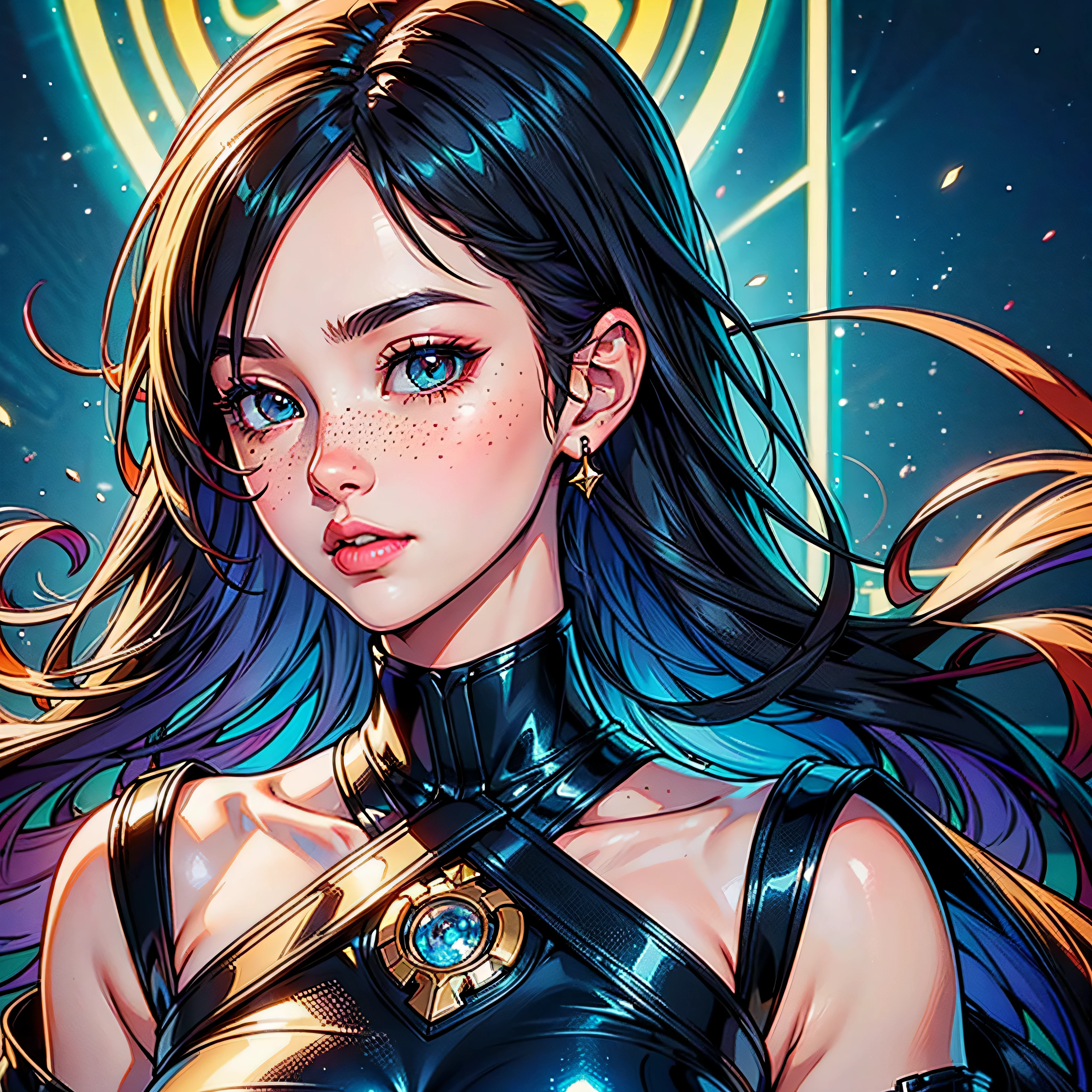 ((ultra detailed)),((Bright eyes)), (Detailed eyes) , blink blink, (The Little Faux Freckles Makeupgirl), ((ultra realistic skin)), ((ultra sharp focus detailed 2 straps on the shoulders of dress)) , ((shiny facial skin)), with colorful hair and a colorful dress, rossdraws pastel vibrant, rossdraws cartoon vibrant, style anime UHD, beautiful portrait, artgerm colorful!!!, ! dream artgerm, epic beautiful anime girl, styled digital art HDR, art wallpaper 32K digital masterpiece, extremely detailed artgerm, reflection, varies multi etc. --v 6 --s 1000 --c 20 --q5 --chaos 100